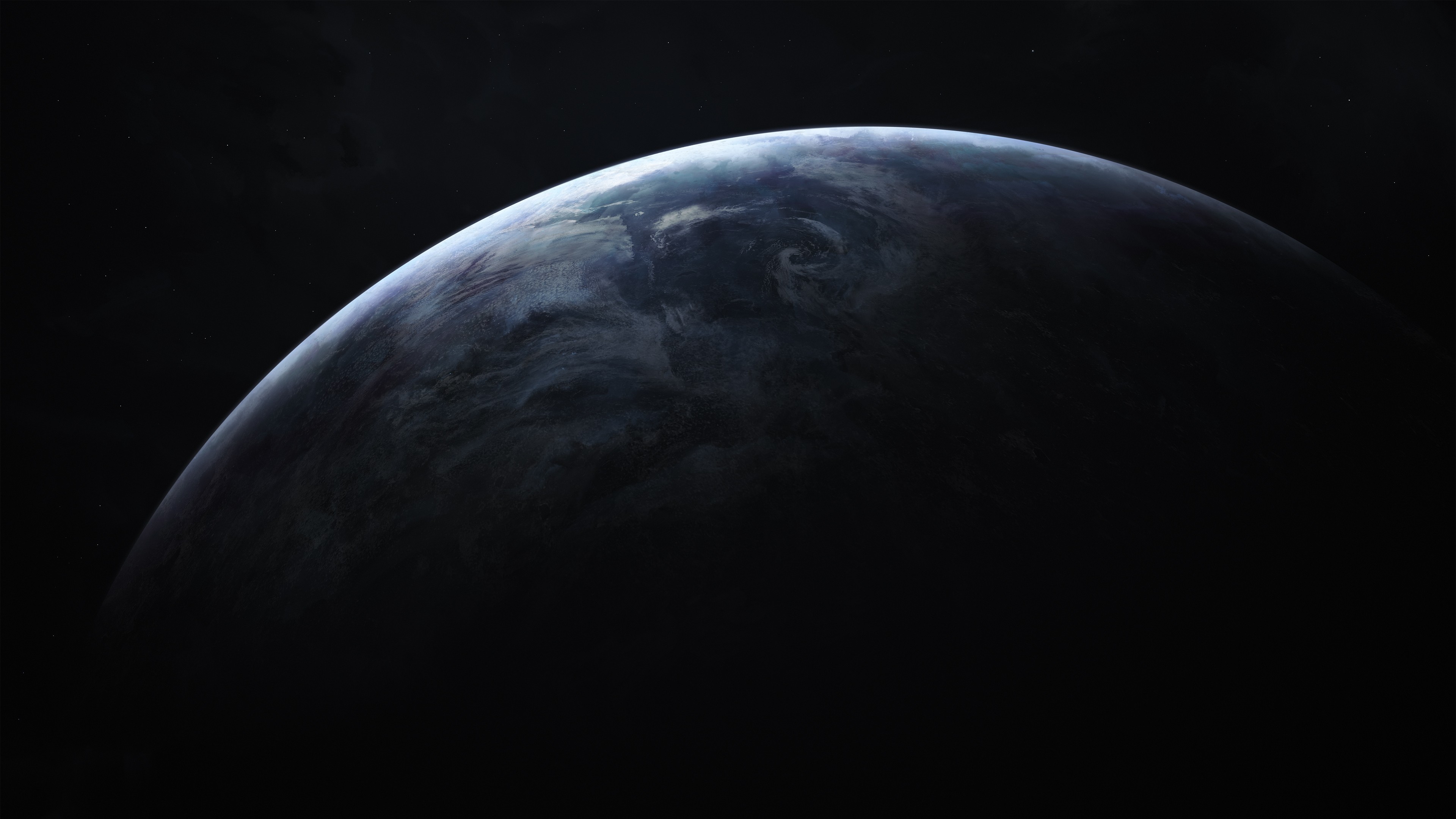 Dark and mysterious partial view of Earth from space, showcasing its curvature and atmospheric swirls against the backdrop of the cosmos