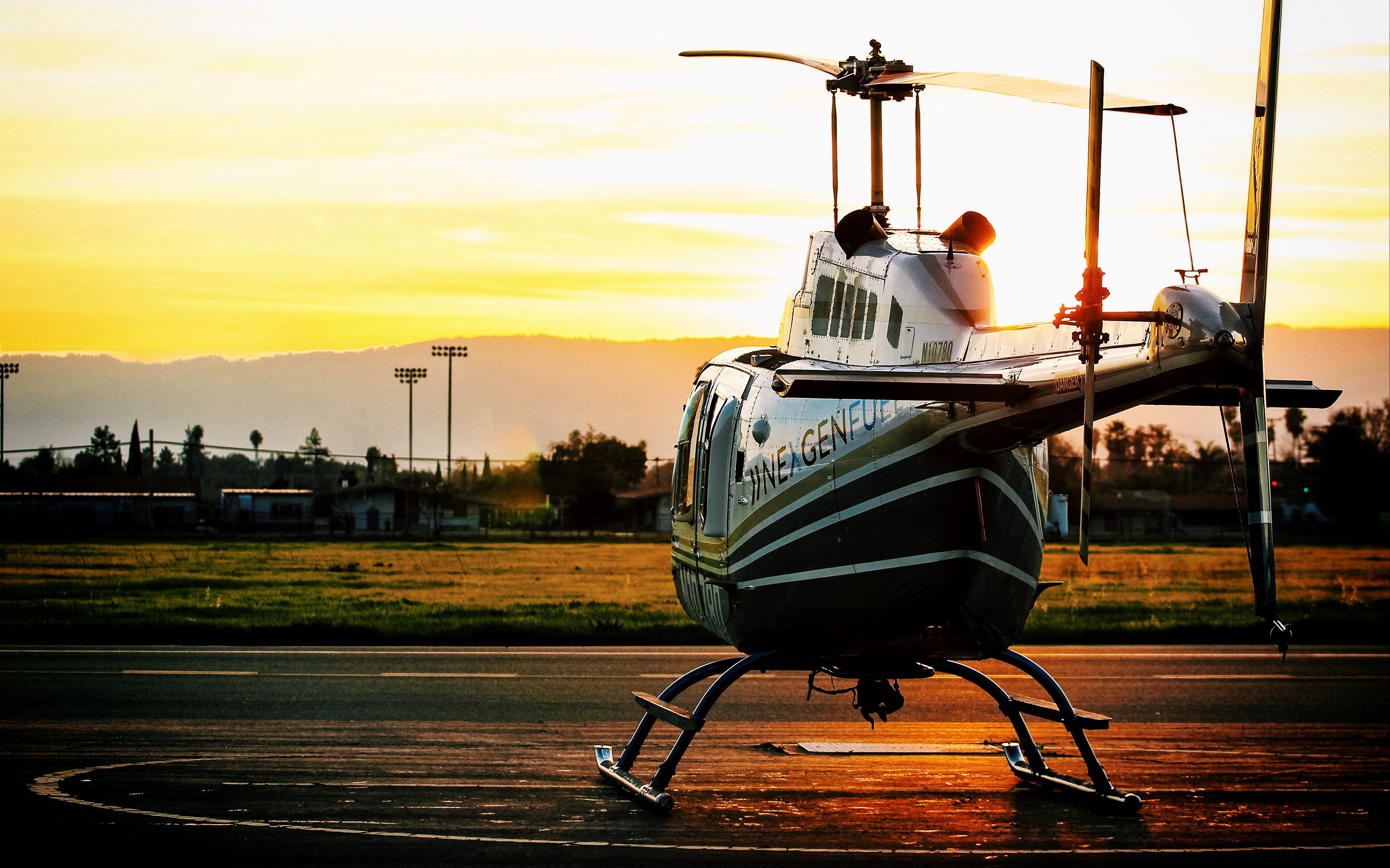 Wallpaper Helicopter Sunset Airfield 4k Ultra