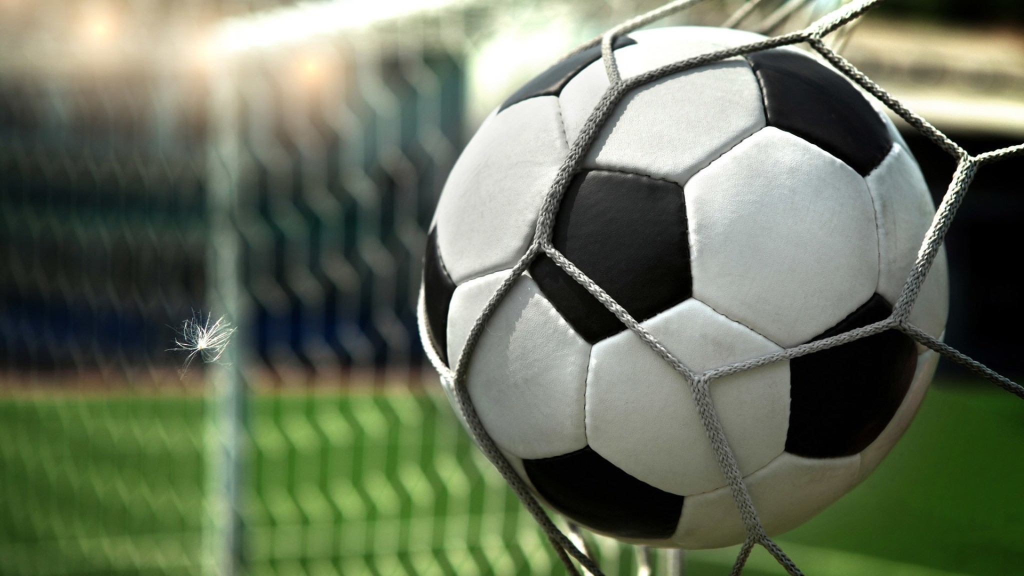 A soccer ball hitting the back of the net, signifying a goal in a soccer game