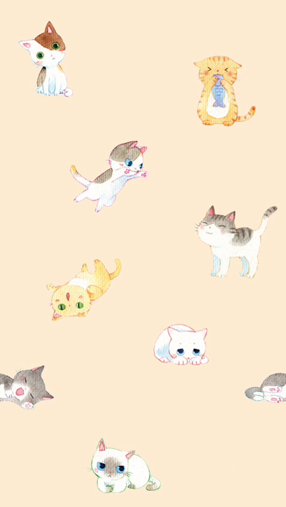 A repeating pattern of cute, cartoon-style kittens in various poses on a cream background.  This whimsical design evokes a sense of playfulness and charm, reminiscent of kawaii Japanese aesthetics