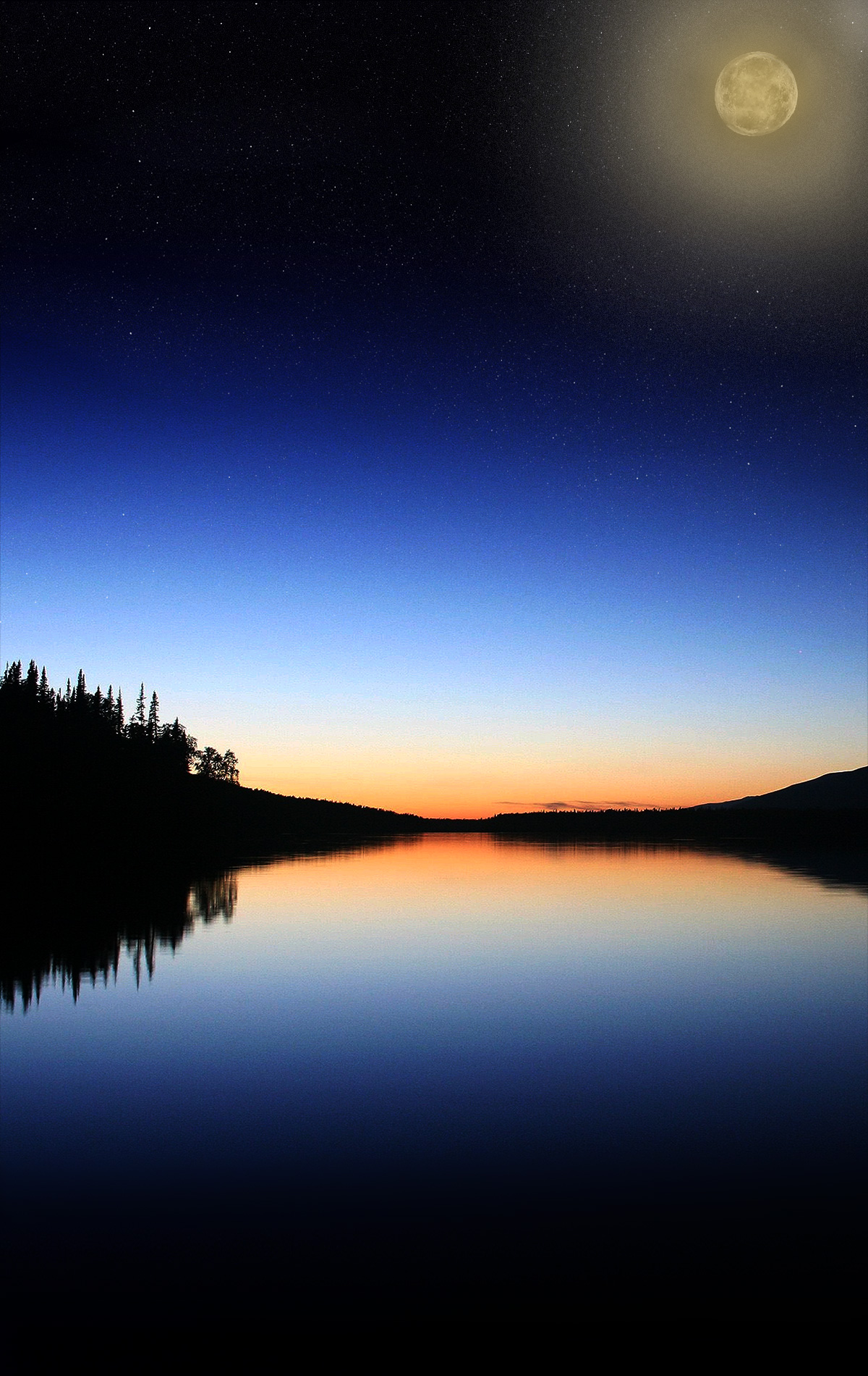 Peaceful Lake With Glowing Moon And Stars Vertical Monitor Image