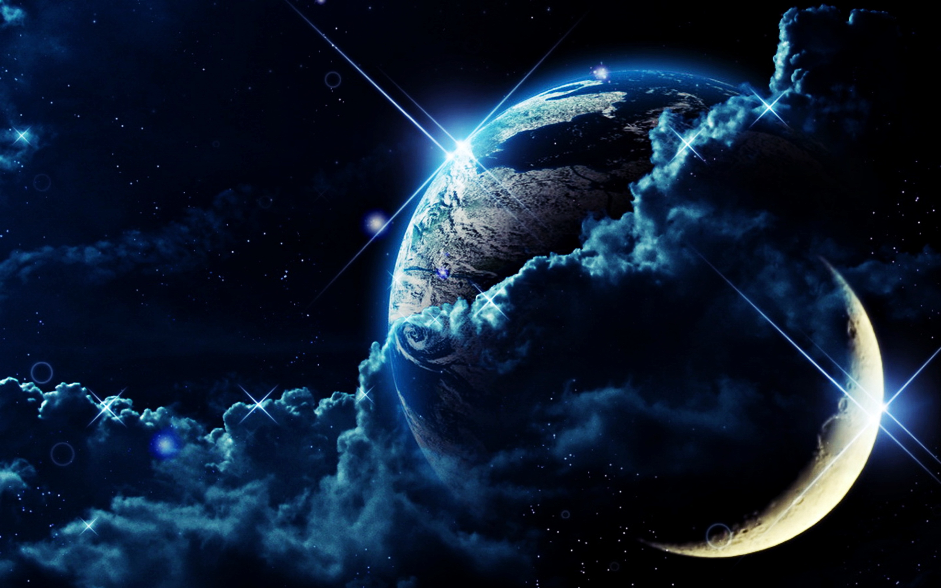A breathtaking view of planet Earth from space, partially shrouded in ethereal blue clouds, with a crescent moon radiating a soft glow