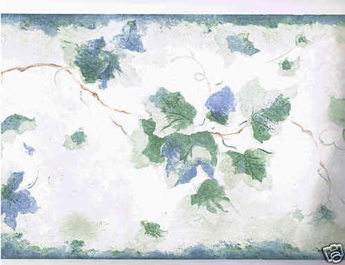 BLUE AND GREEN LEAVES ON WHITE WALLPAPER BORDER