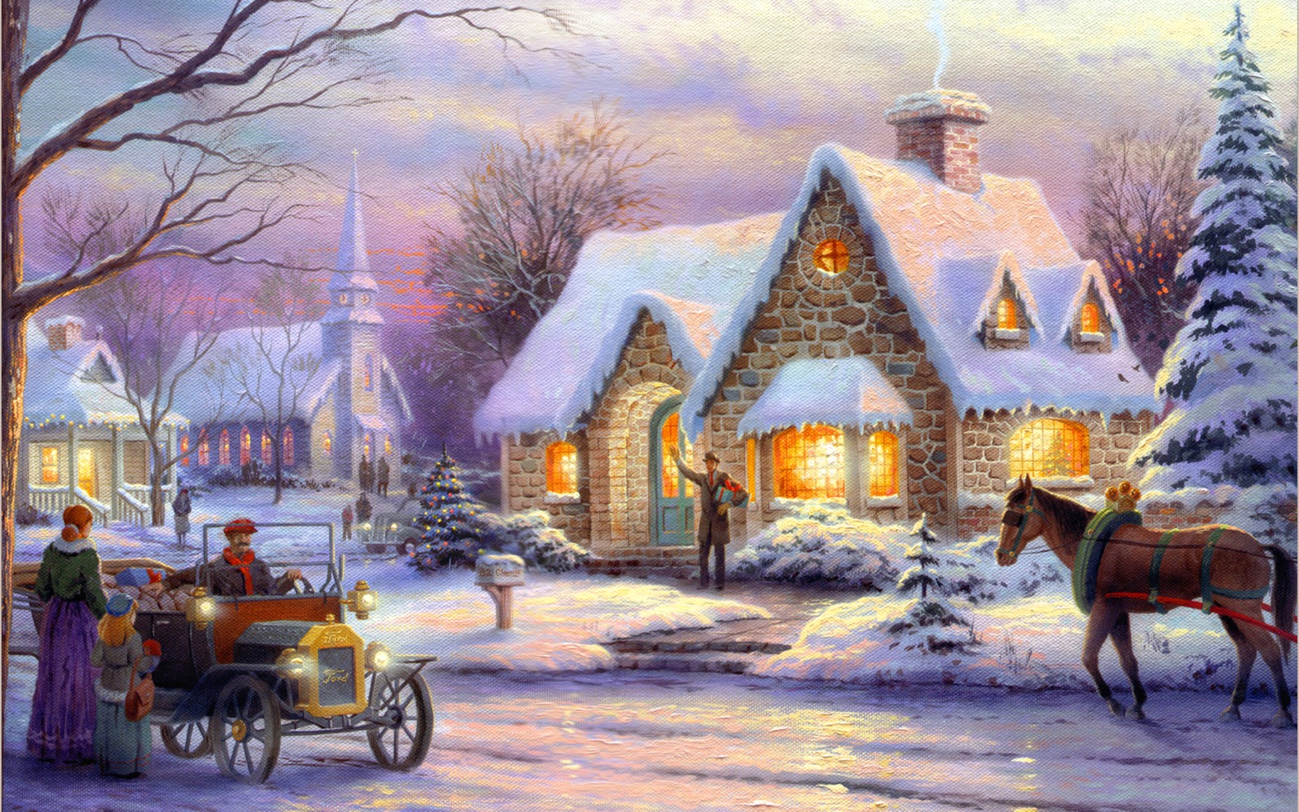 Painting Winter Snow Cottage Horse Wallpaper