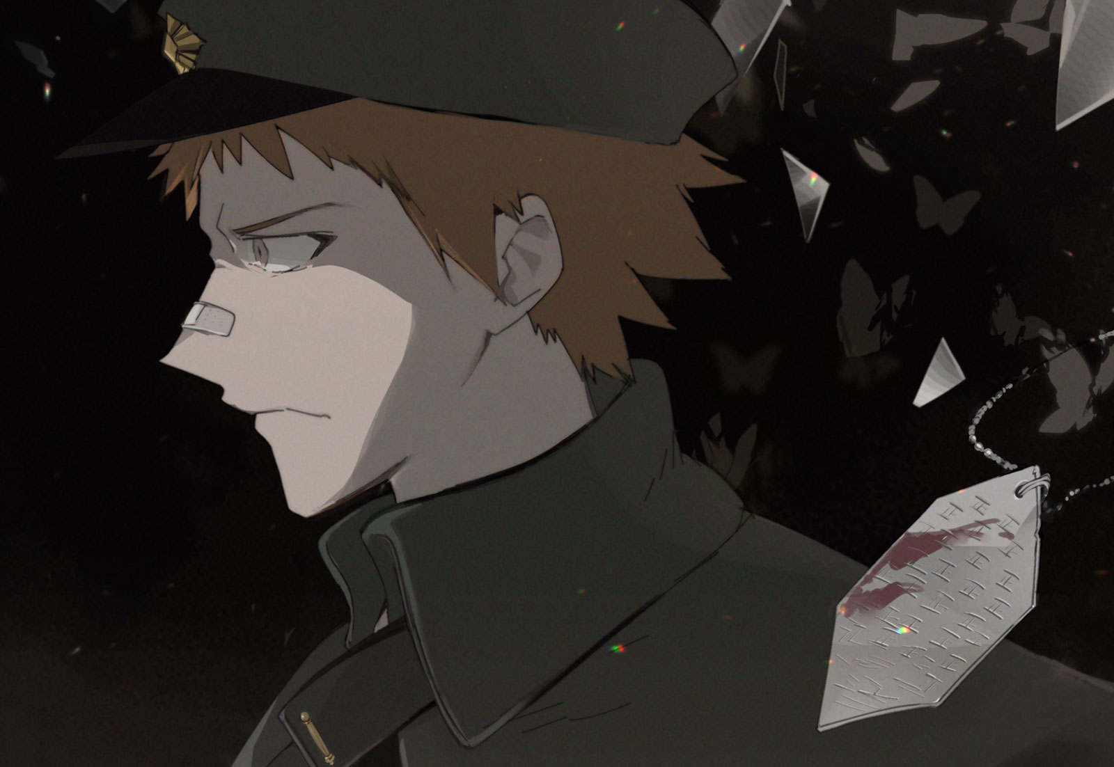 Dark, dramatic close-up of Tachihara from Bungou Stray Dogs, wearing his military uniform and a serious expression, with a blood-stained dog tag in the foreground
