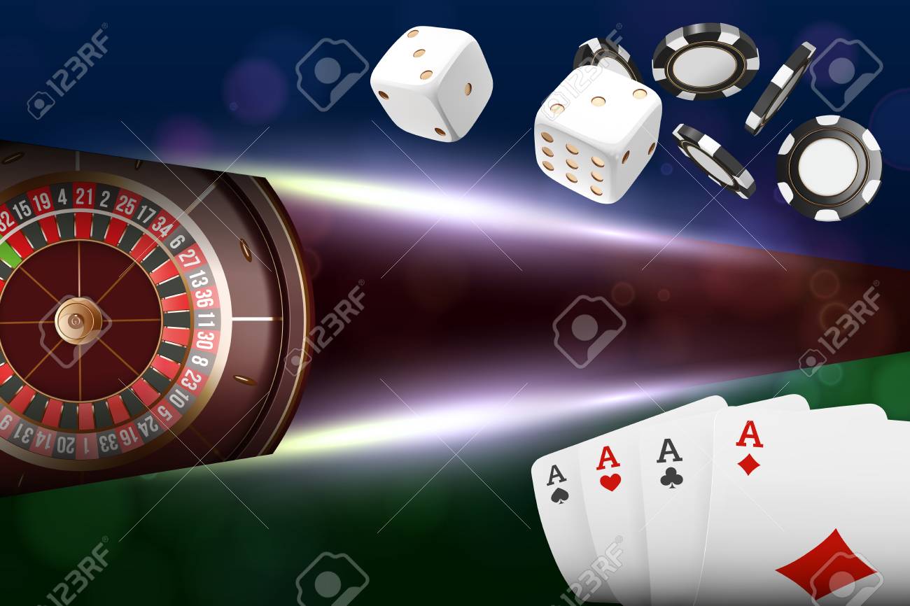 Casino Background Roulette Wheel With Playing Cards Dice And