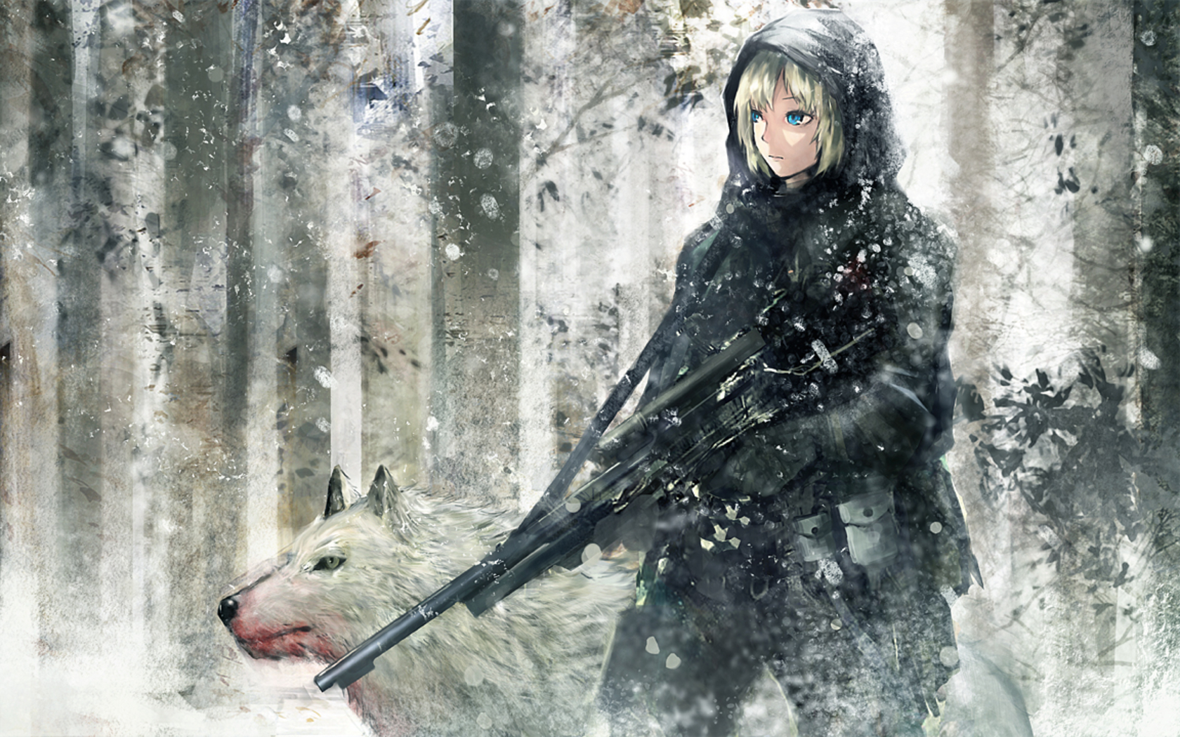 Anime Girls Wolf Snow Forest Snipers Wallpaper HD