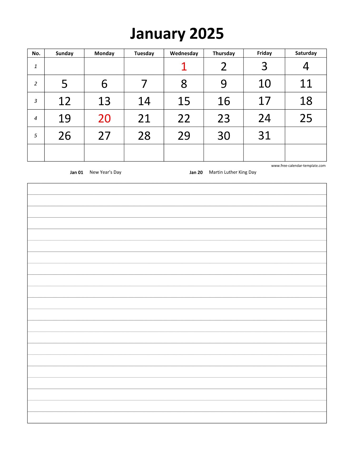 January 2025 calendar with notes section