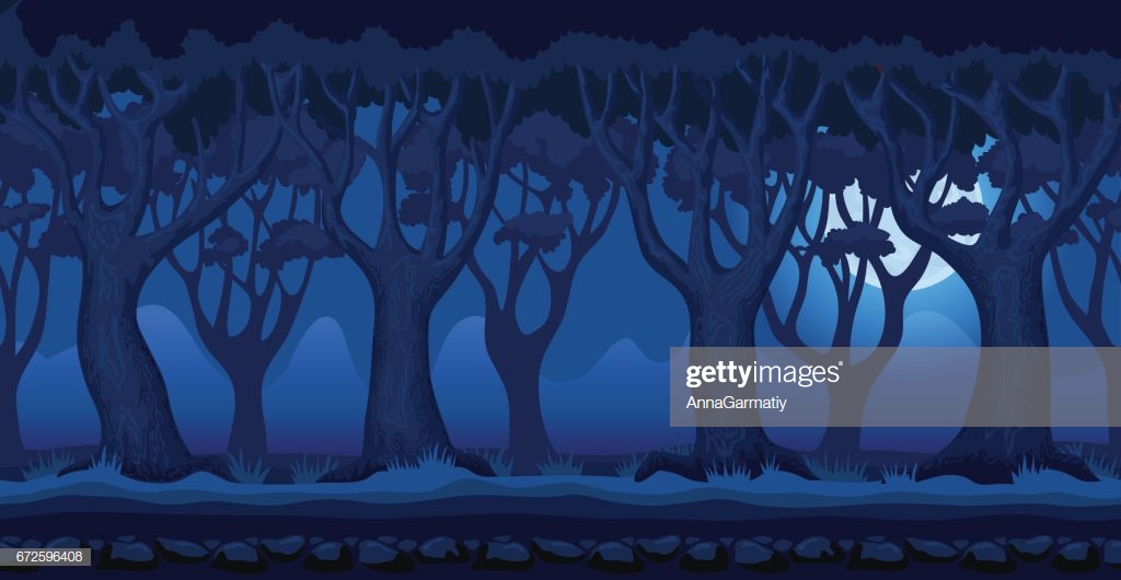 Cartoon Forest At Moonlit Night Video Game Background Stock