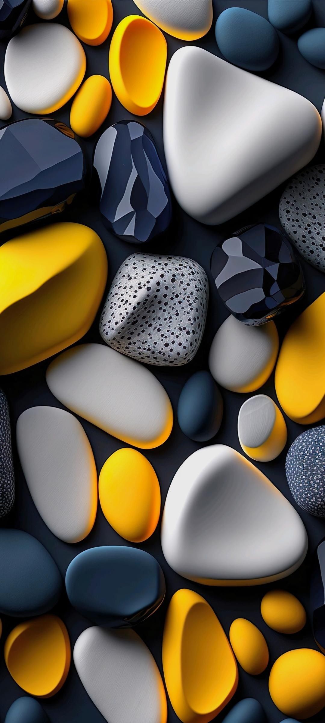 Abstract 3D Render of Smooth Pebbles in Yellow, White, and Blue on a Dark Background