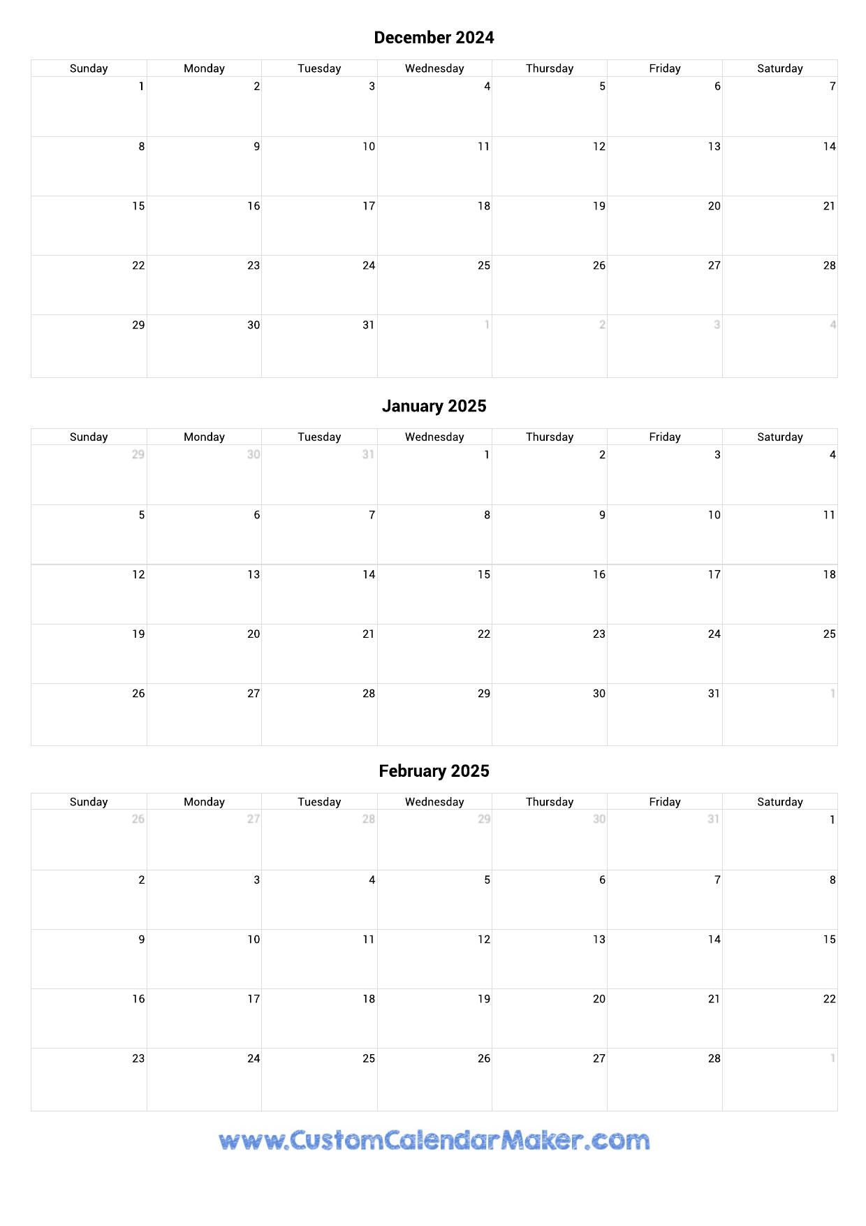 Calendar view of December 2024, January 2025, and February 2025