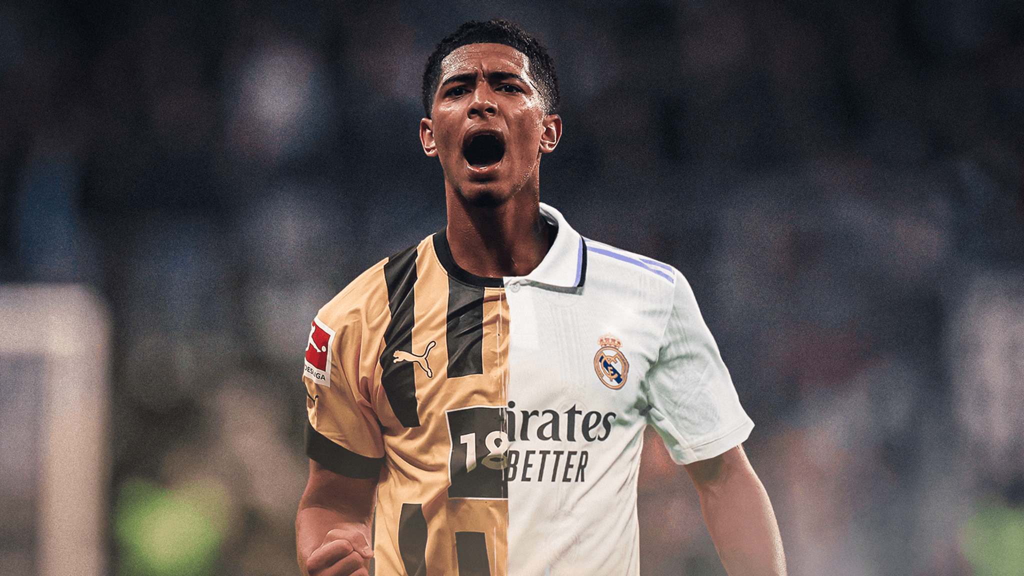 Jude Bellingham celebrating a goal in a split Real Madrid and Borussia Dortmund jersey