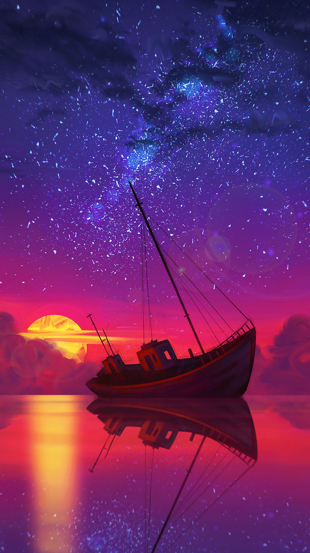 A captivating phone wallpaper featuring a serene sunset over a tranquil body of water. A partially submerged sailboat rests in the foreground, its reflection mirrored in the still water. The sky is a blend of vibrant purple and pink hues, speckled with countless stars. This dreamy and atmospheric image evokes a sense of peace and tranquility