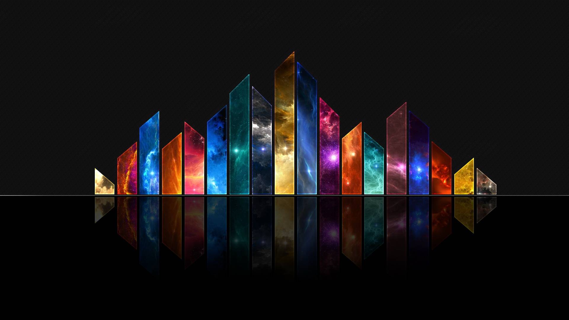 Abstract wallpaper with colorful rectangular shapes resembling skyscrapers against a dark background, reflected in a mirror-like surface
