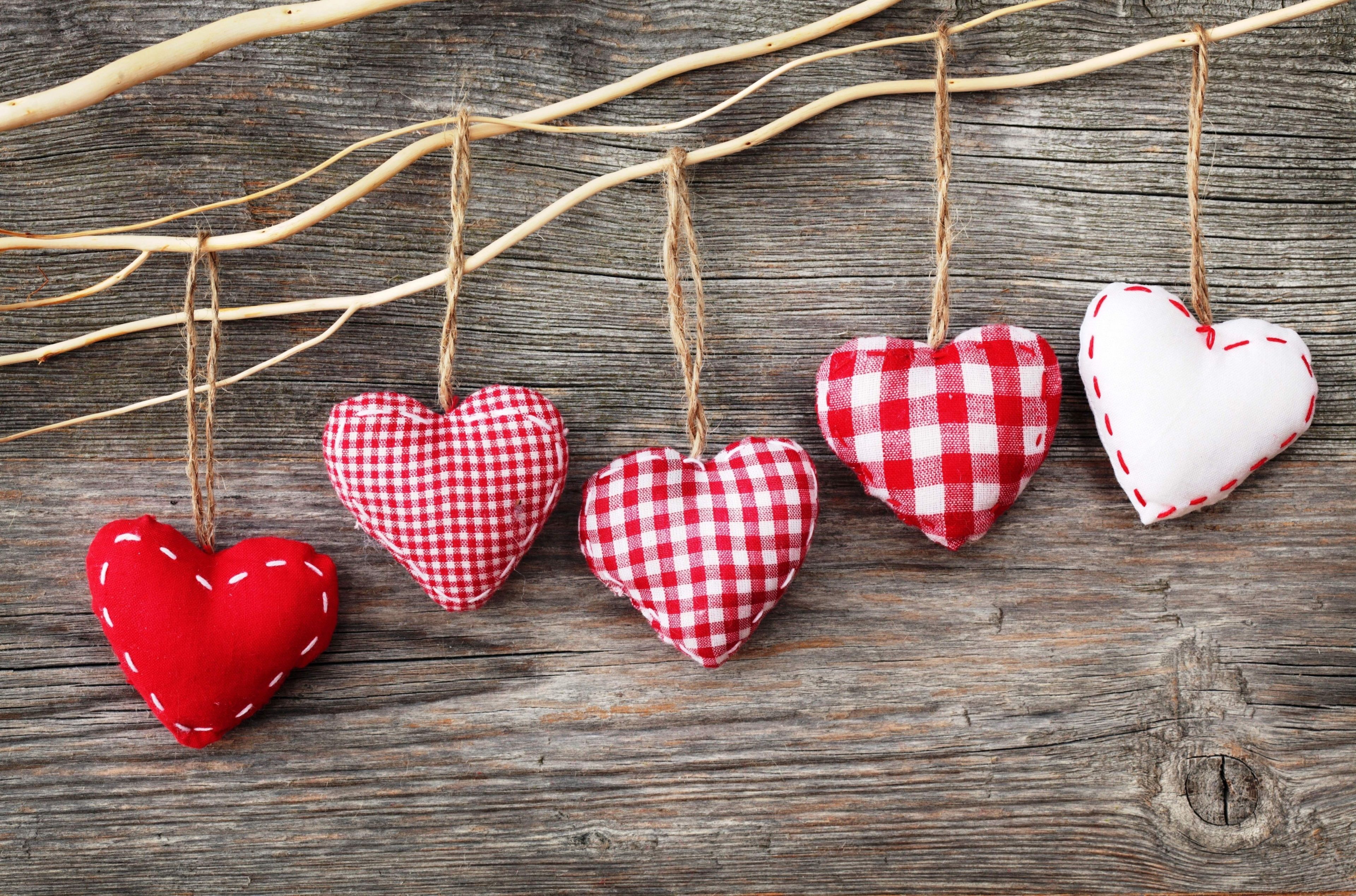 Five handmade hearts hanging from a wooden branch, perfect for Valentine's Day decorations