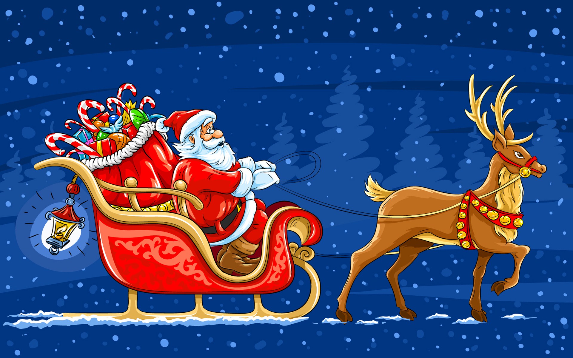 Santa Claus Moving On The Sledge With Reindeer And