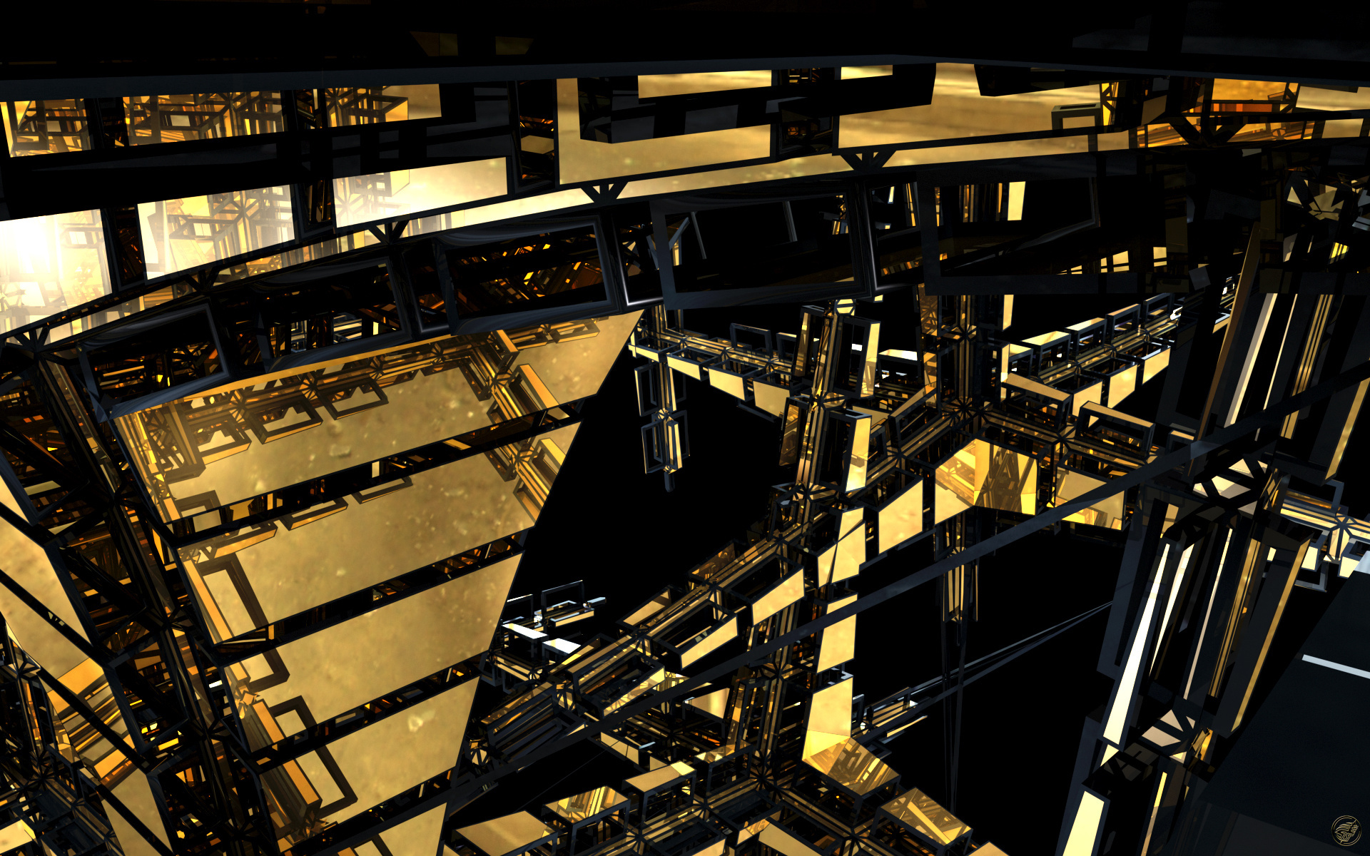 Abstract black and gold geometric structure, resembling a futuristic cityscape or complex machine, ideal for a phone wallpaper