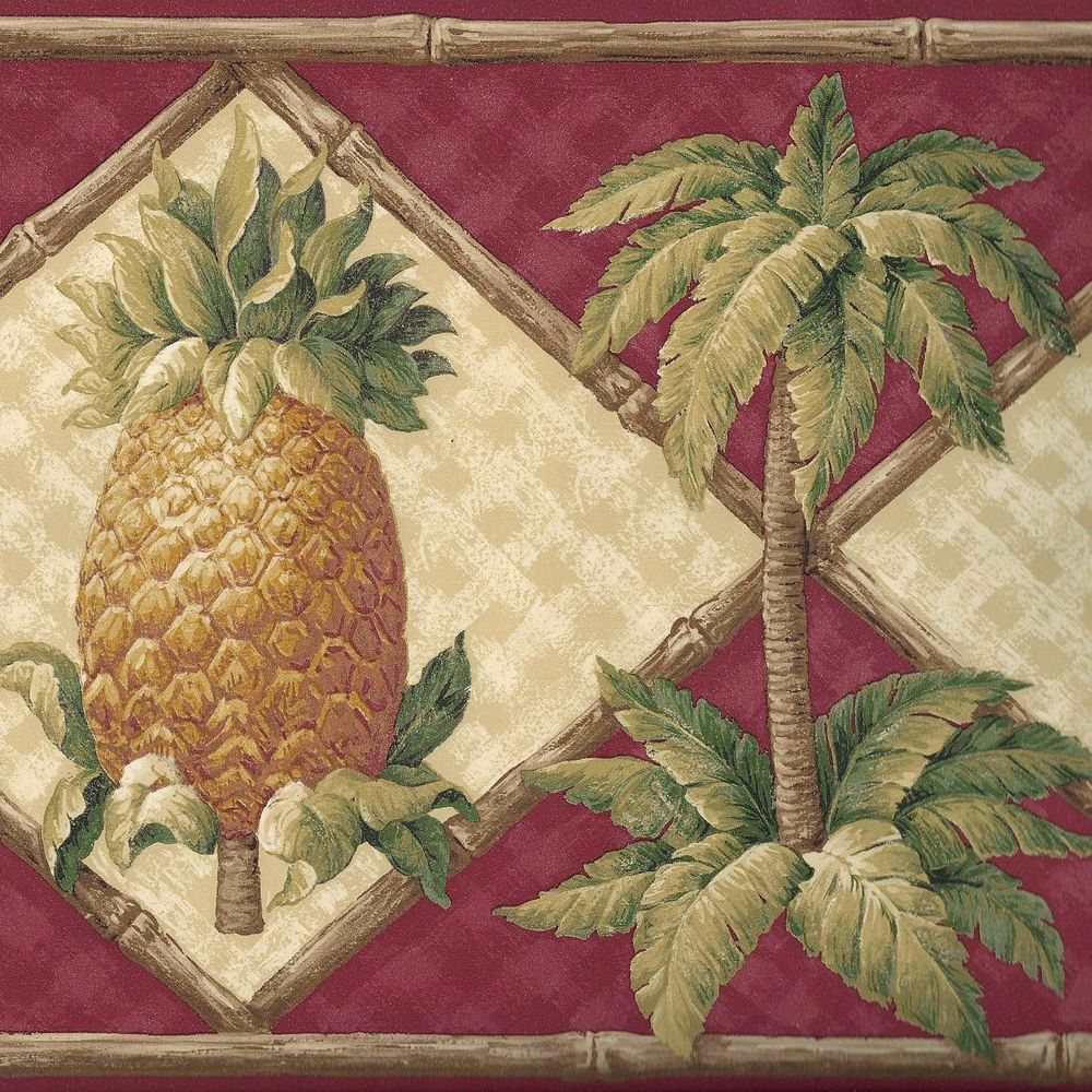 Pineapple Bamboo Palm Tree Burgundy Wallpaper Border A056