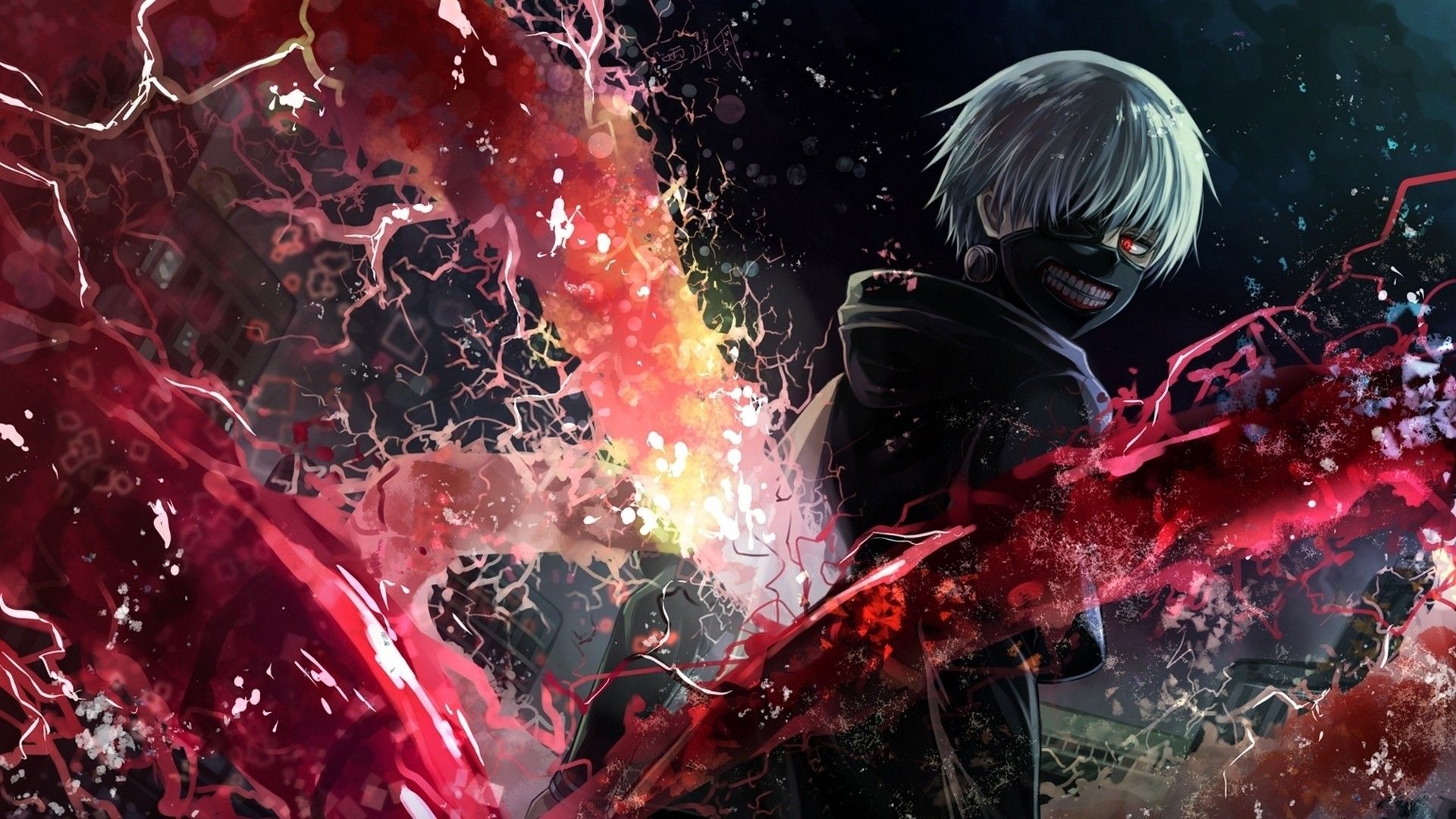 A dramatic illustration of Ken Kaneki, the protagonist of Tokyo Ghoul, amidst a dynamic splash of red, possibly representing his ghoul powers or the struggle between his human and ghoul sides.  The dark, abstract background adds to the intensity of the scene
