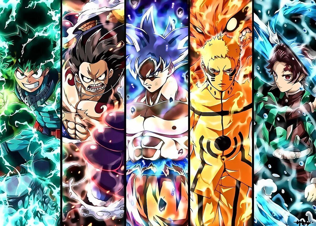 Anime Collage Poster Original Art Izuku Luffy Naruto Tanjiro Goku