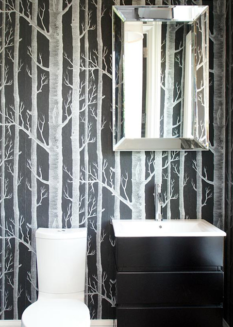 Wooded Birch Tree Wallpaper In Black And White Bathroom From Hgtv