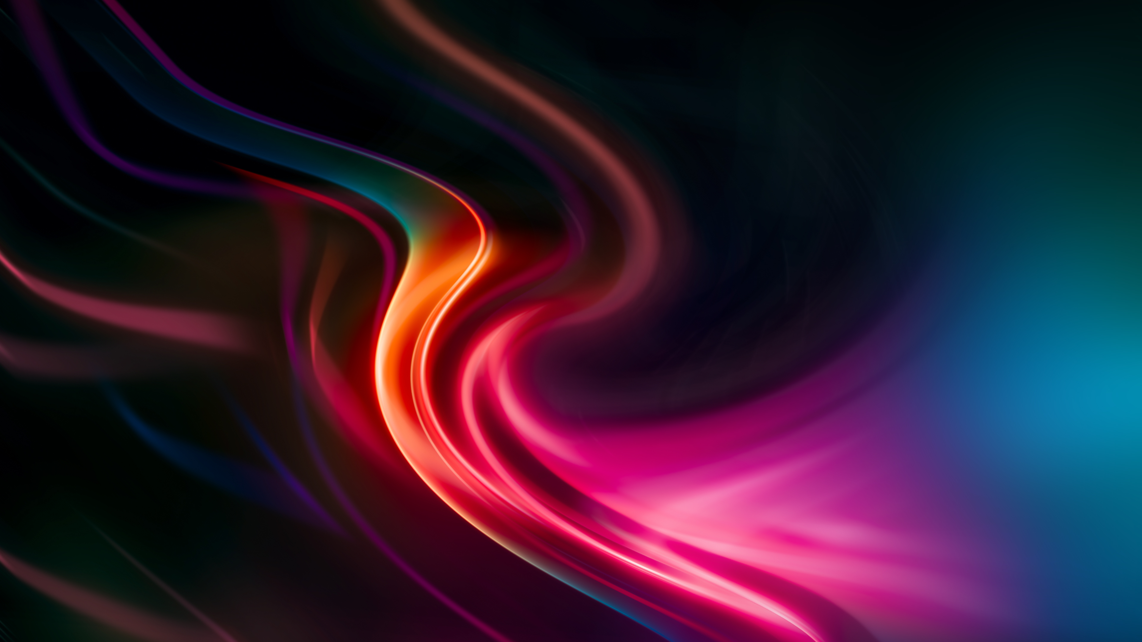 Abstract computer background with vibrant swirling colors of pink, orange, teal, and purple against a dark backdrop