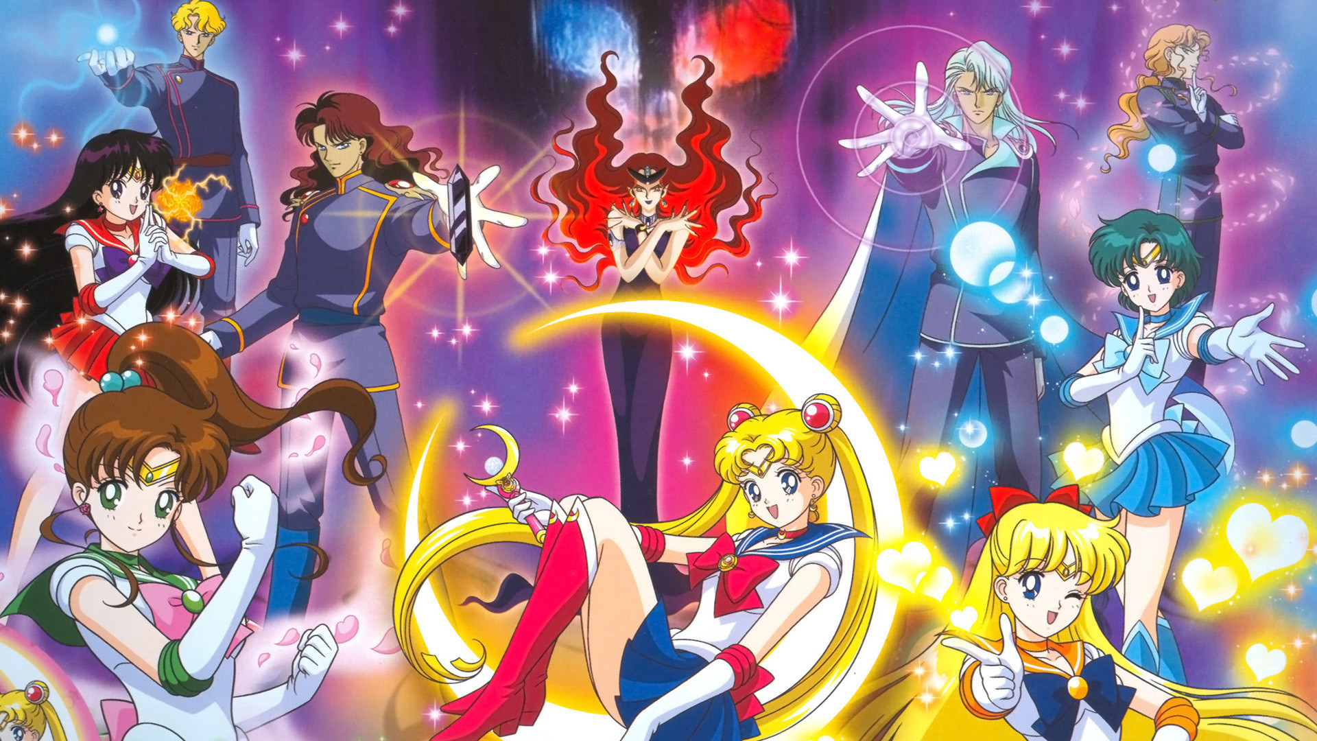 A vibrant wallpaper featuring the Sailor Moon characters, including Sailor Moon, Sailor Mars, Sailor Mercury, Sailor Jupiter, and Sailor Venus, along with Tuxedo Mask and other supporting characters. They are depicted in dynamic poses, showcasing their powers and personalities against a colorful, starry background