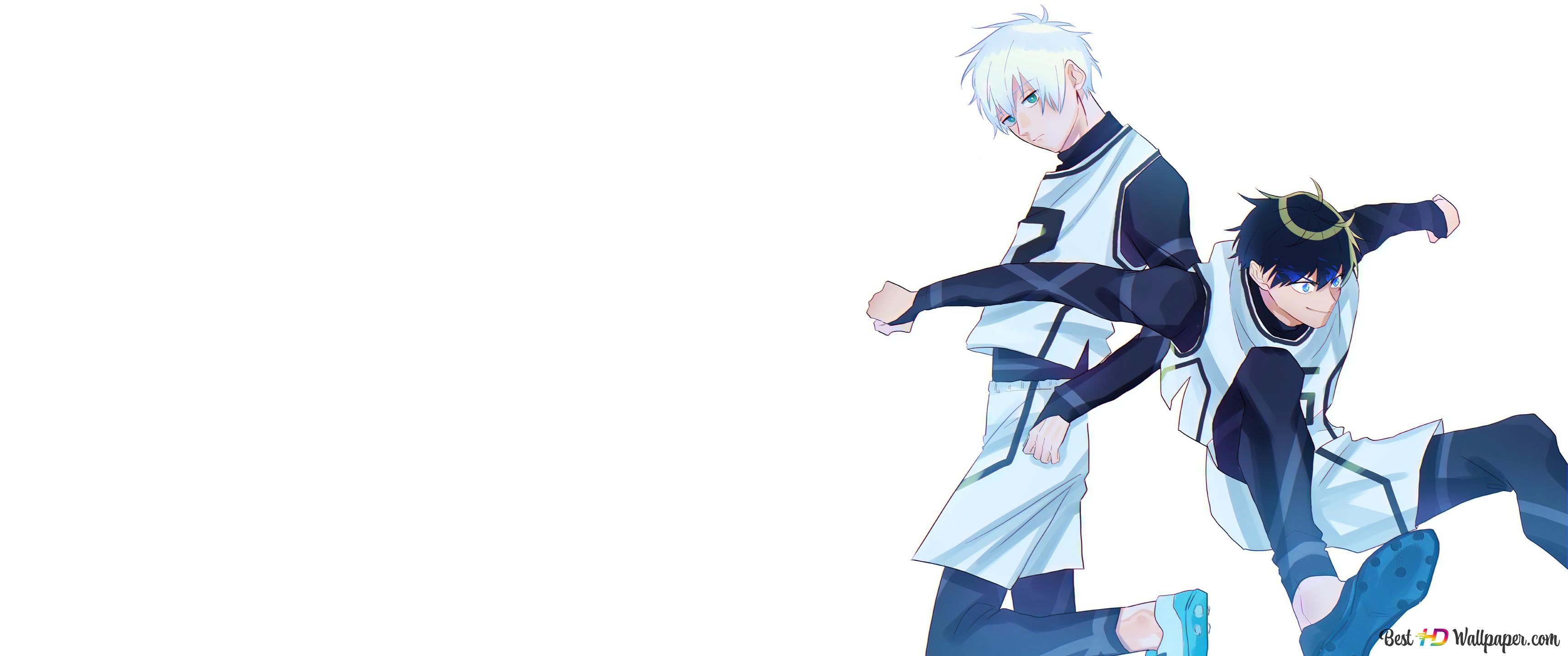 Dynamic duo of Isagi and Nagi from Blue Lock in action, showcasing their soccer prowess on a minimalist white background
