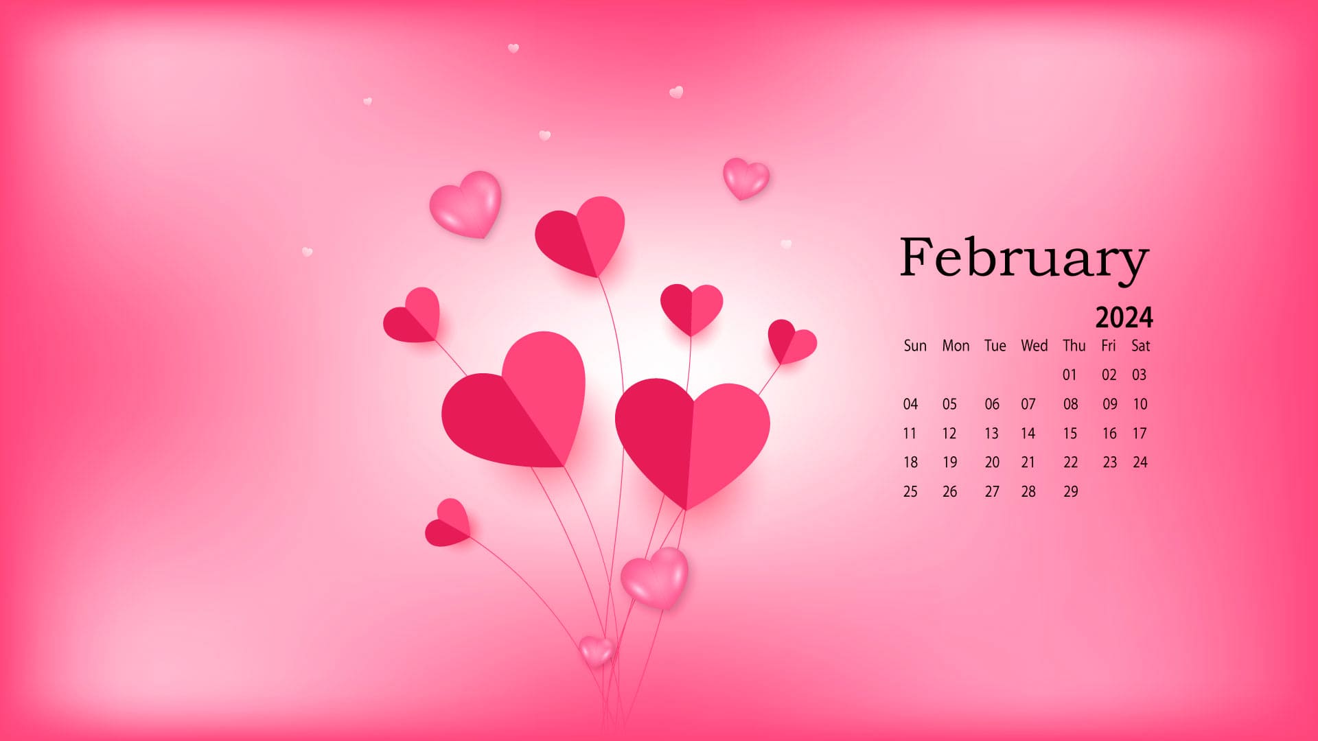 Aesthetic February 2024 calendar wallpaper with pink hearts