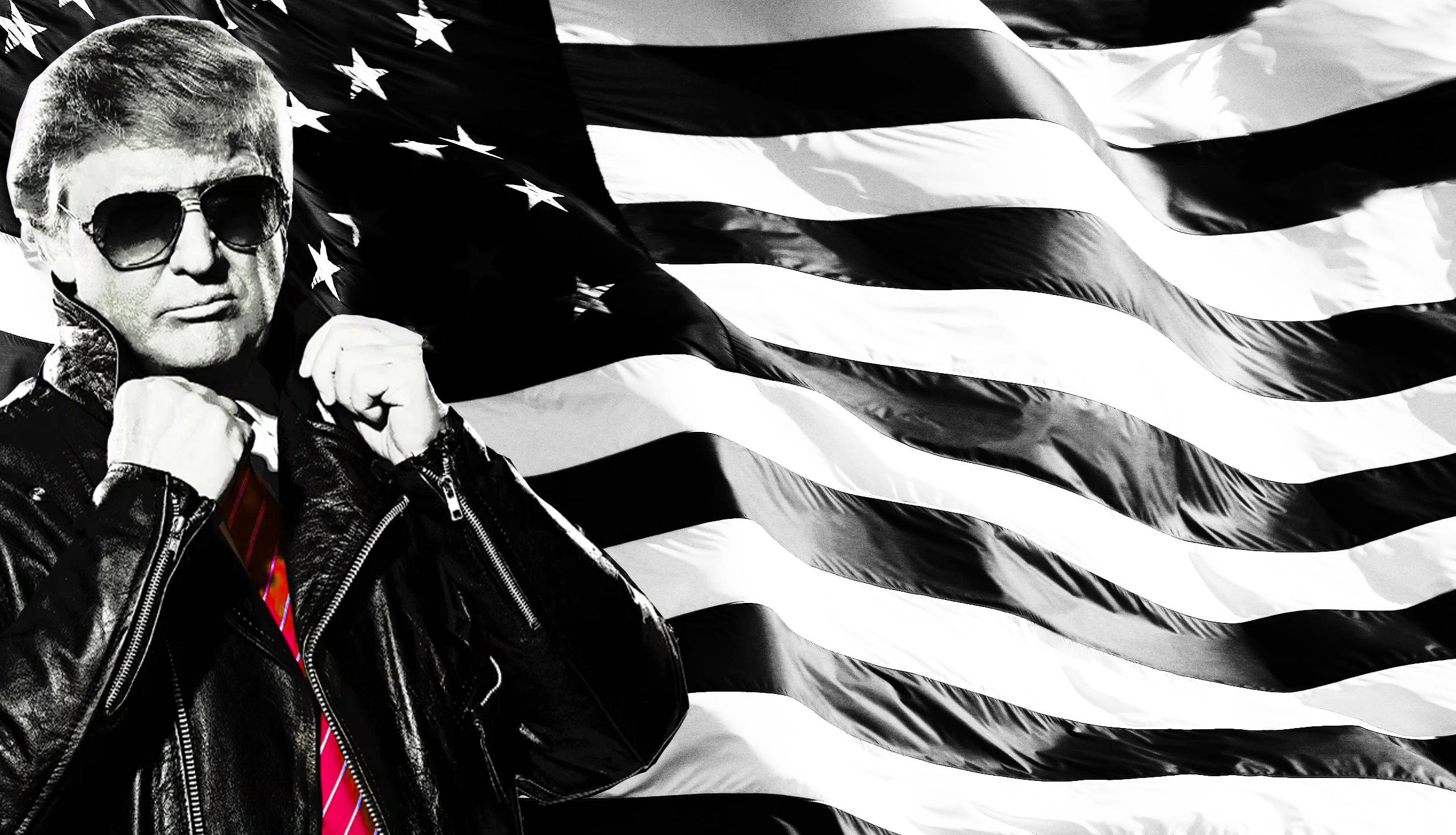 Donald Trump in a black leather jacket and red tie against a black and white American flag backdrop, hinting at a potential 2024 presidential campaign