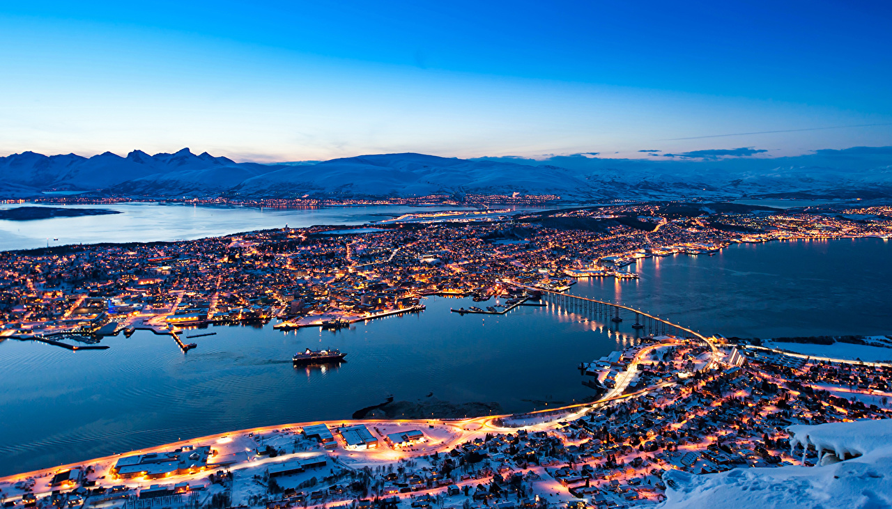 Image Norway Tromso River Night Time Cities Building