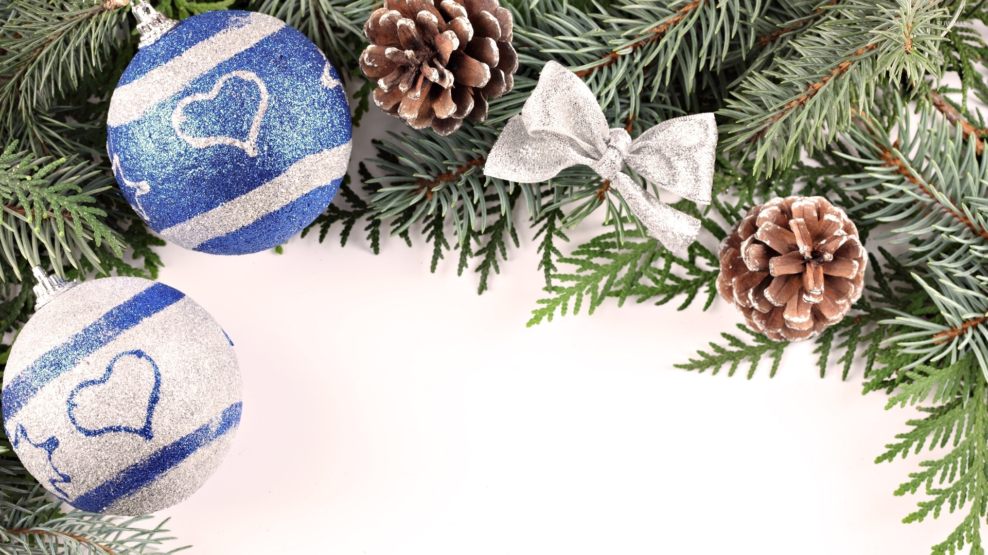 White And Blue Baubles In The Christmas Tree Wallpaper Holiday