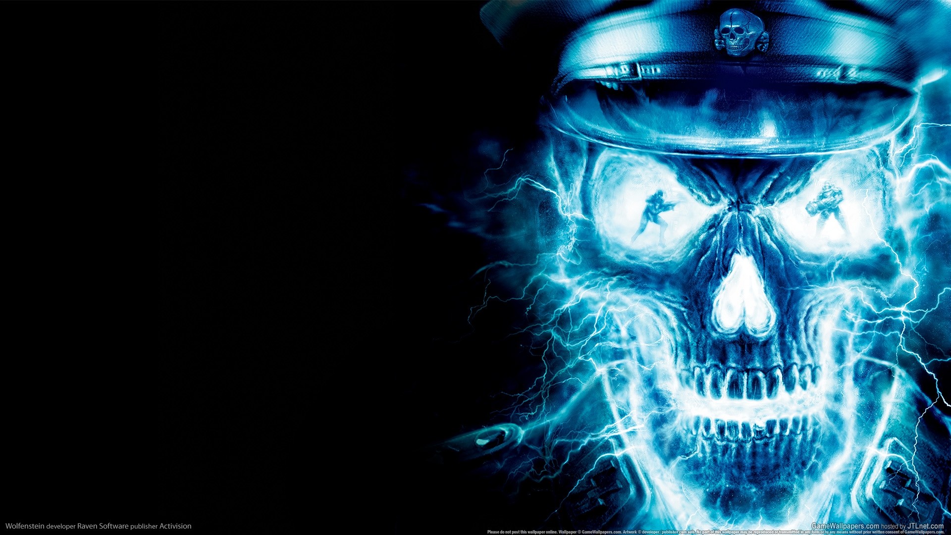 A blue, fiery skull with a military officer's hat. Awesome Skull Wallpaper