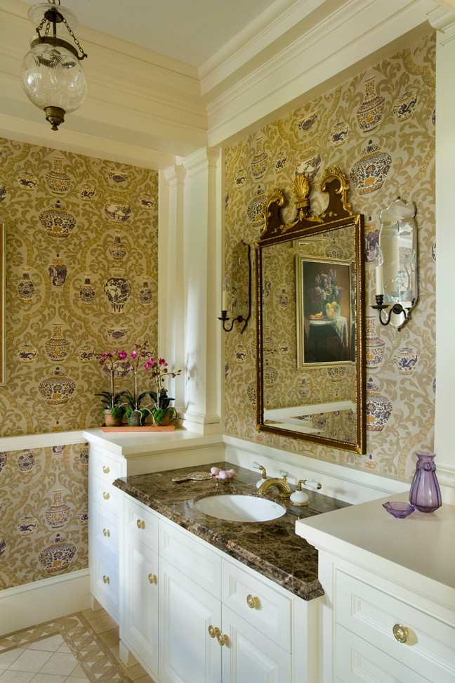 Catalano Architects Marble Bathroom Damask Wallpaper Gold Hardware