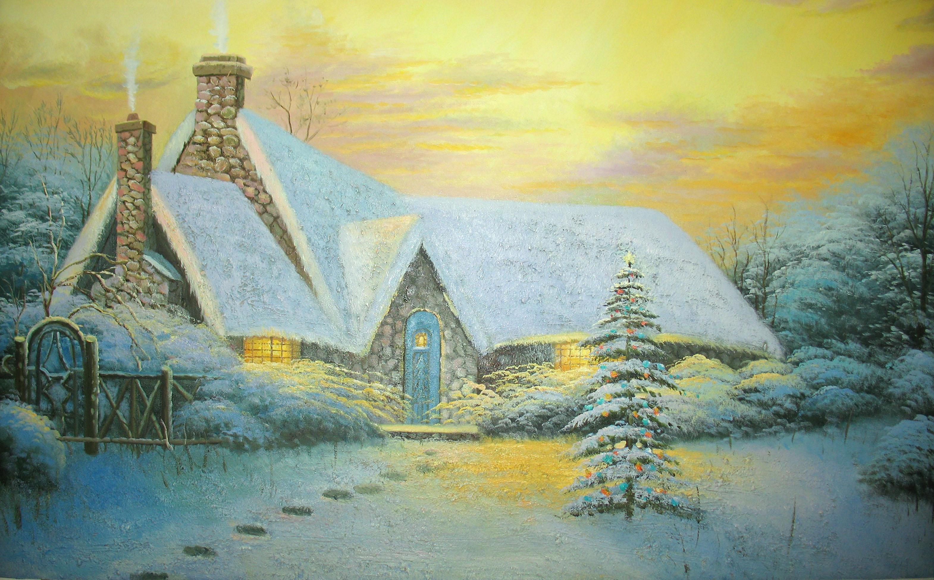 Thomas Kinkade Foto Christmas Tree Cottage Winter Wallpaper