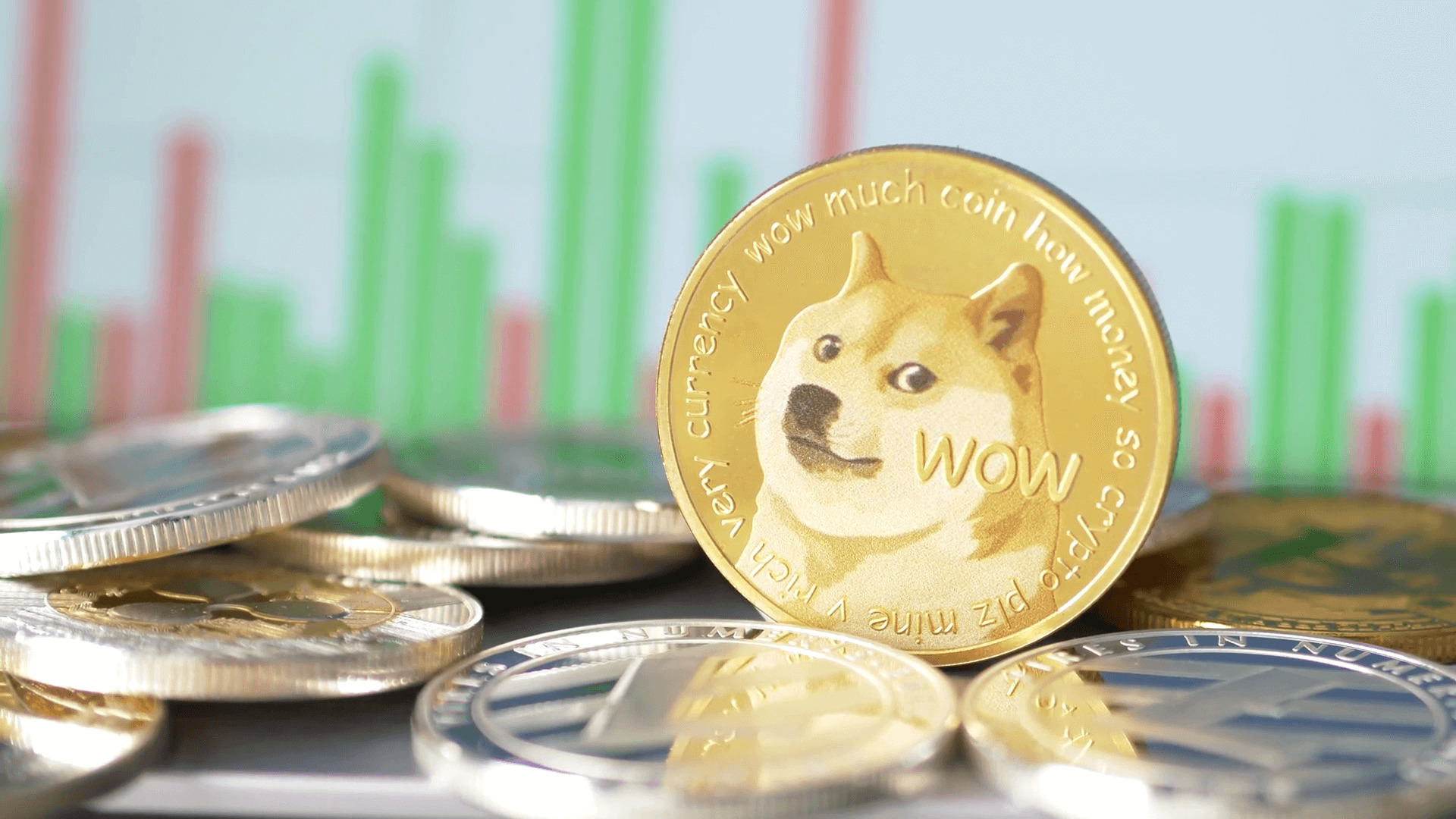Gold Dogecoin coin in focus, surrounded by other cryptocurrency coins, with a stock market chart in the background