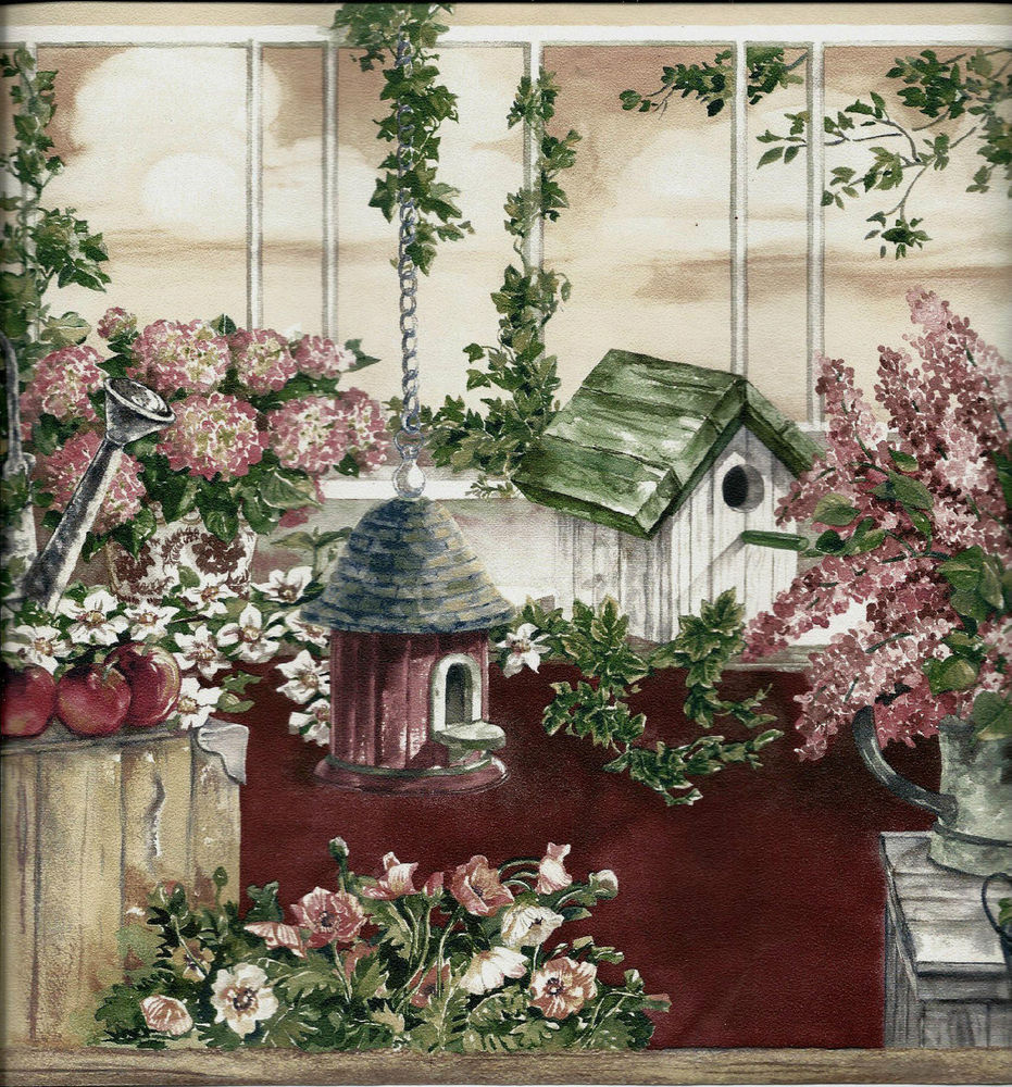 BIRDHOUSES BASKETS COUNTRY WATERING CANS FLOWERS WALLPAPER BORDER