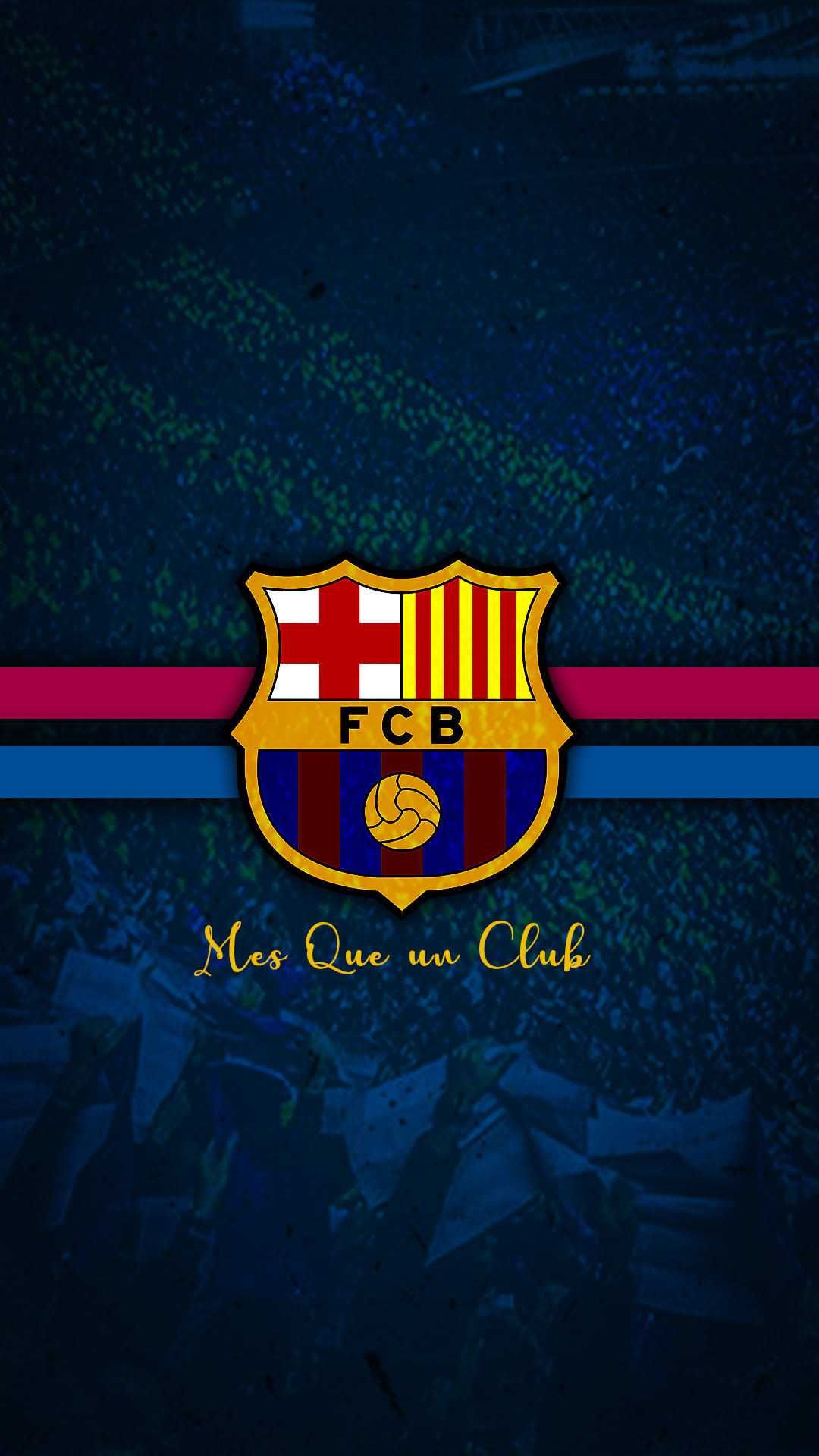 A dark, atmospheric image of the FC Barcelona crest, overlaid on a blurred image of a cheering crowd, emphasizing the club's motto 