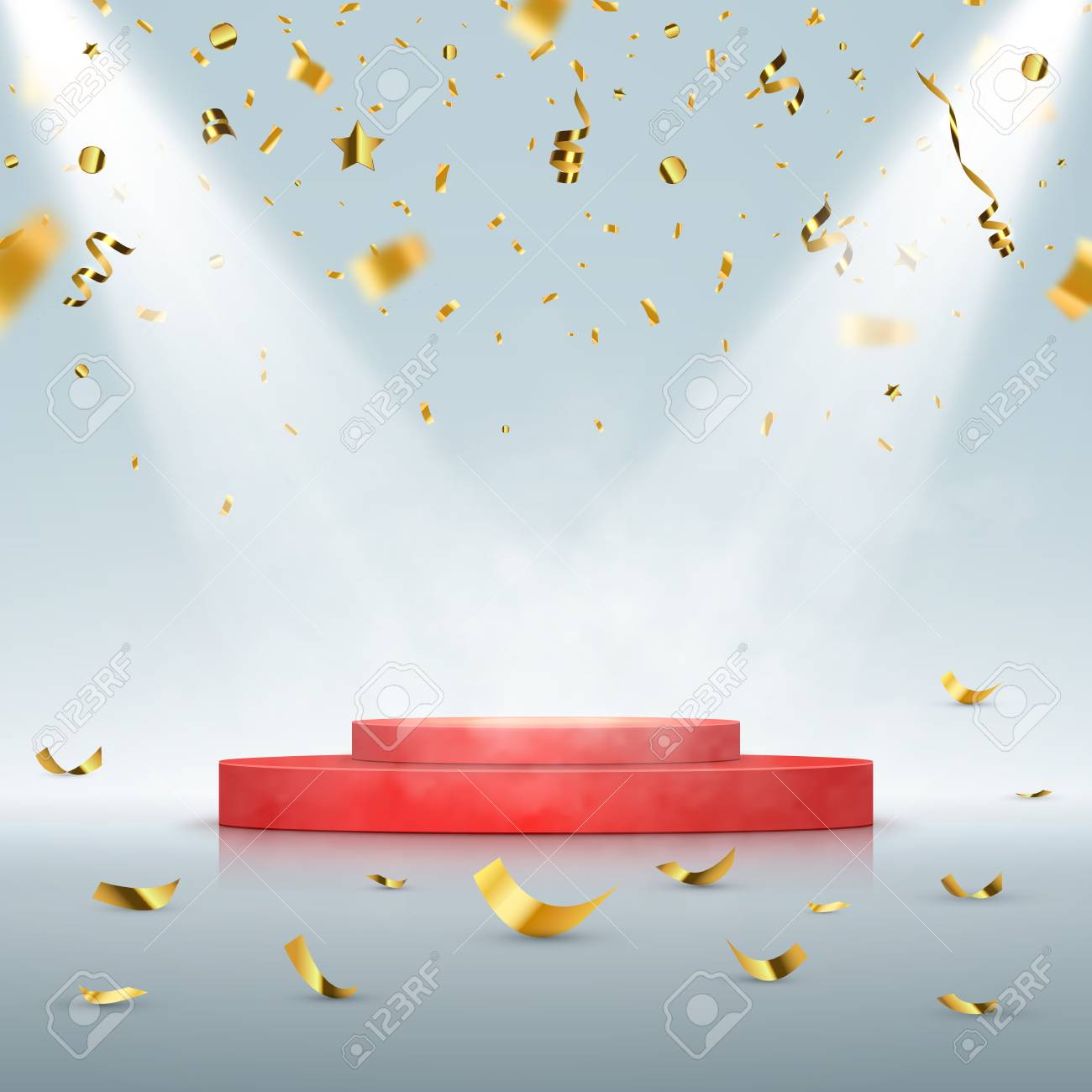 Winner Background Podium With Confetti And Spotlights Vector