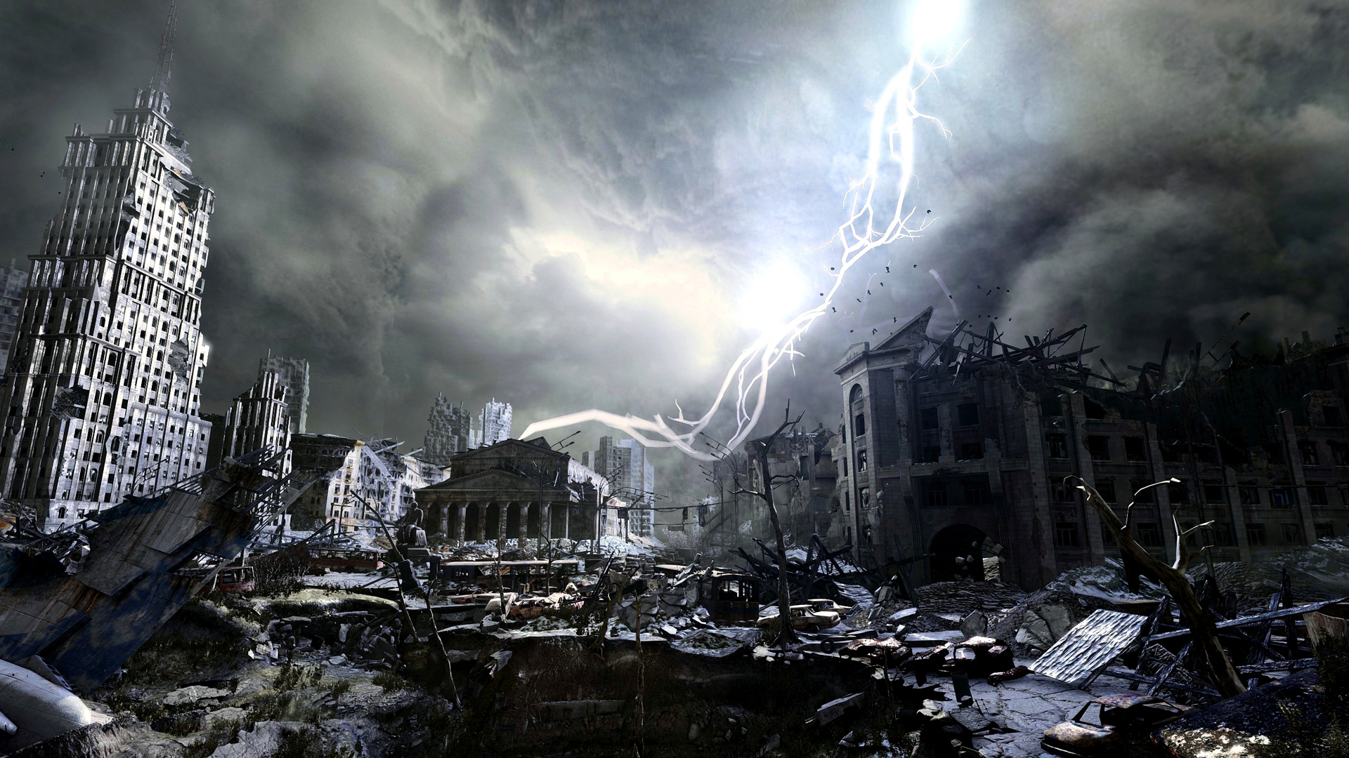 Lightning Buildings Apocalyptic Metro Rubble Dark Wallpaper