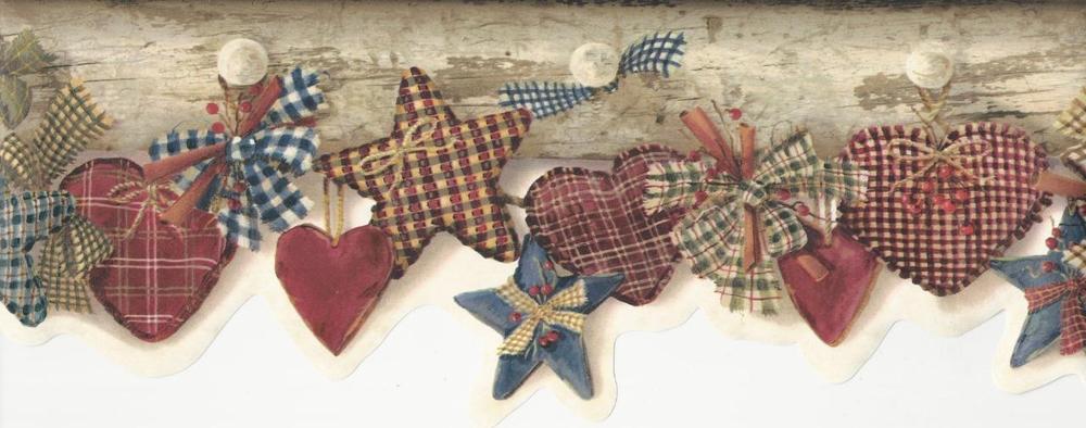 Wallpaper Border Country Hearts Stars Rag Bows On Wood Pegs Red Blue