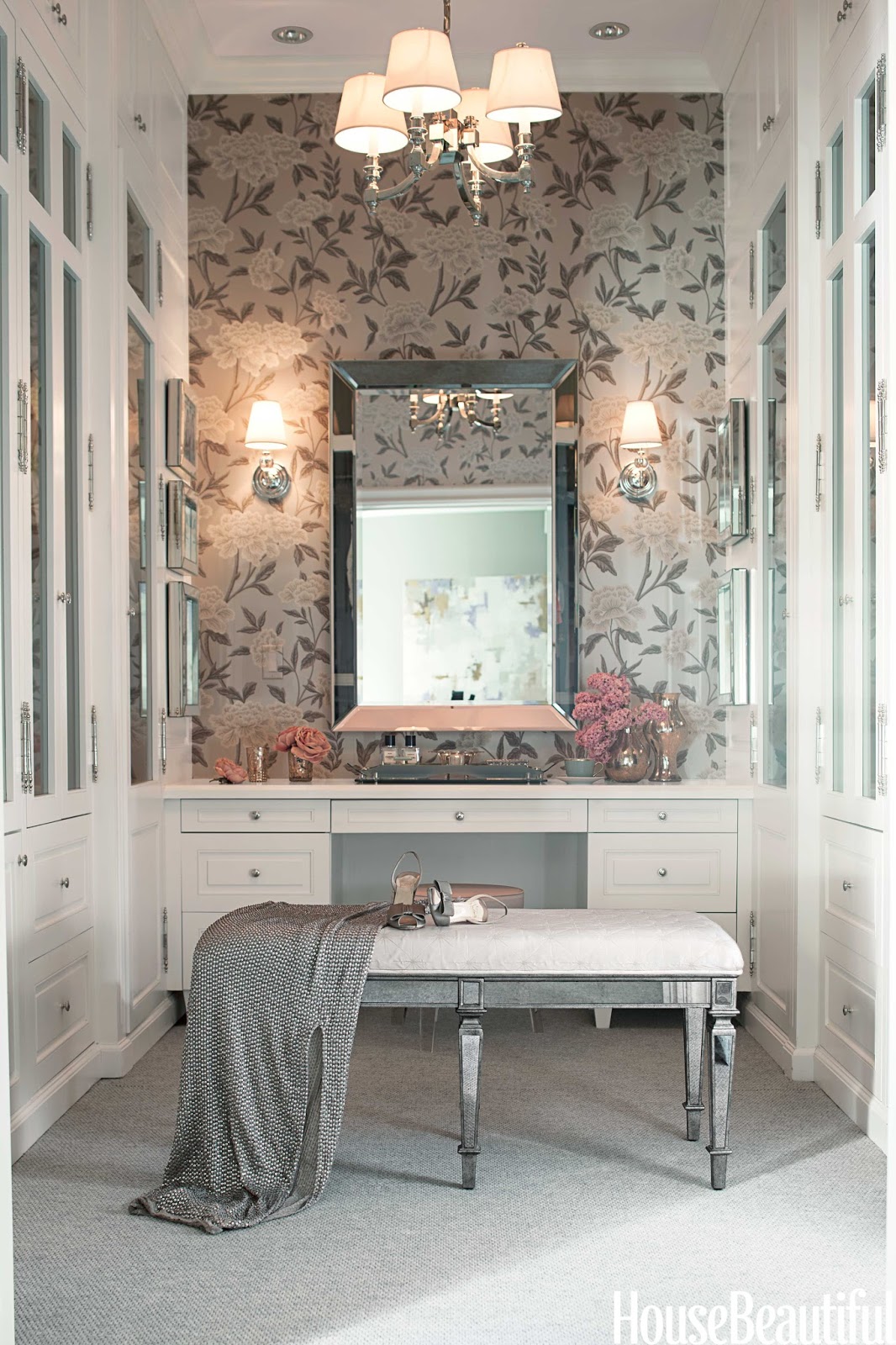 Wallpaper And Mirrored Accents Including A Lovely Upholstered
