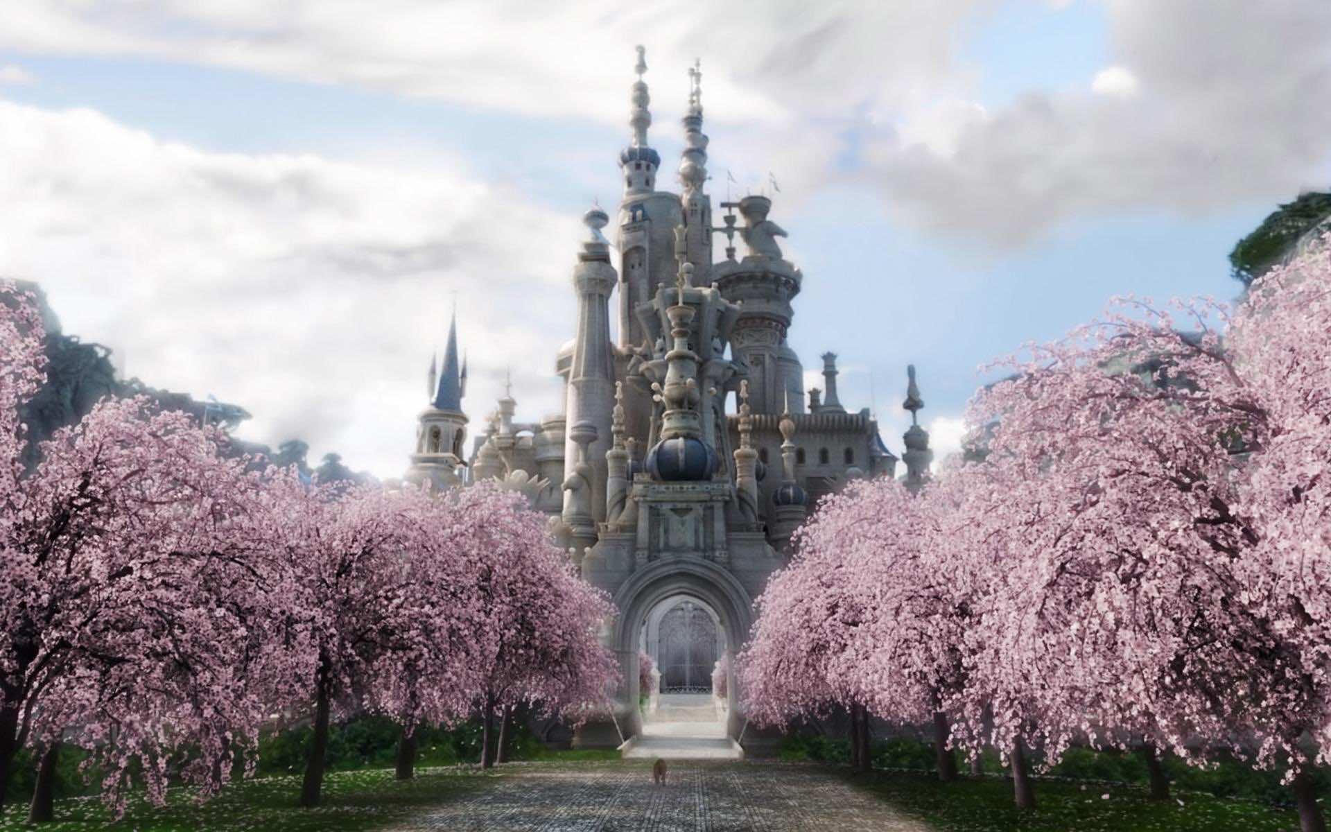A majestic castle stands tall amidst blooming cherry blossom trees, creating a picturesque scene of fantasy and tranquility