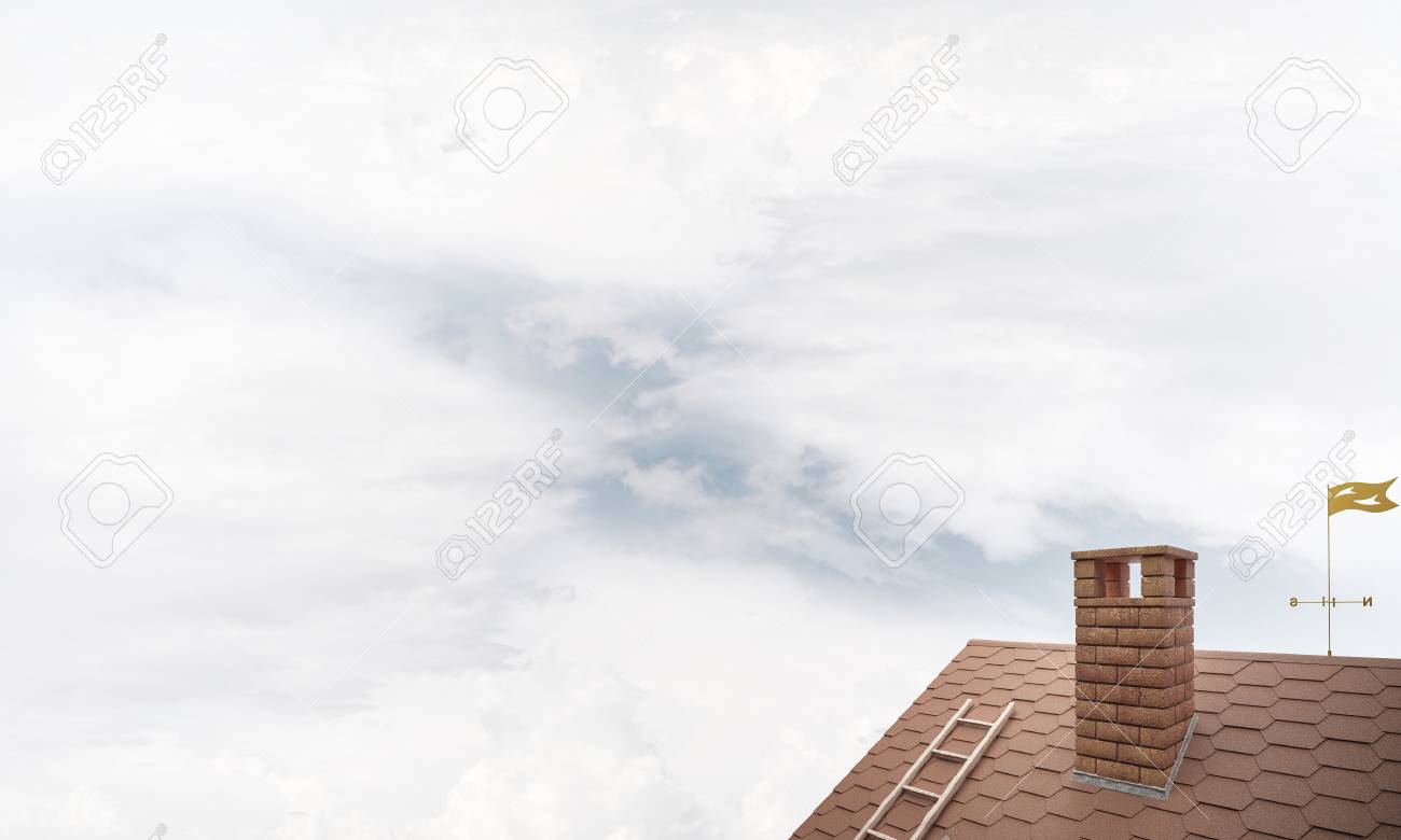 Brown Brick Roof With Chimney Against Blue Sky Background Mixed