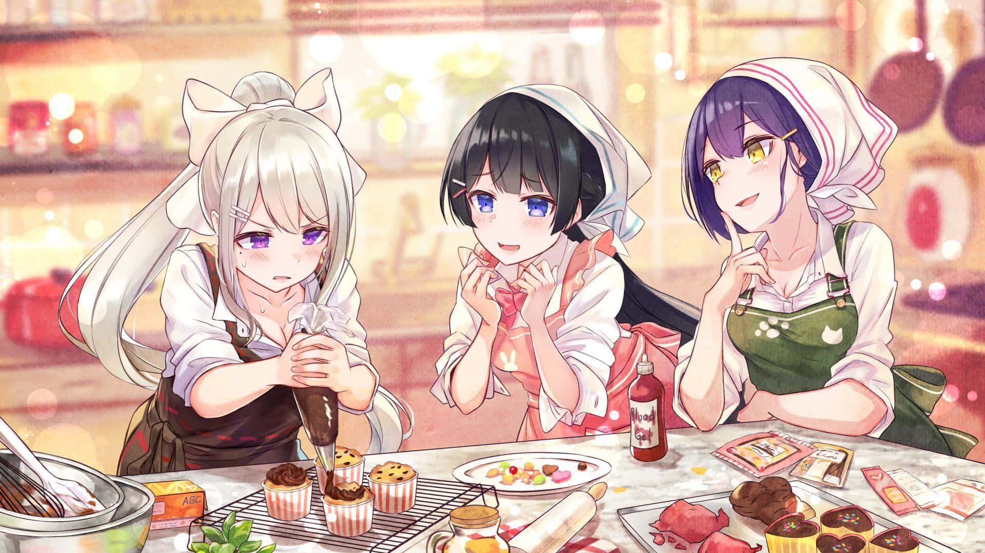 Three Anime Girls Thanksgiving Wallpaper