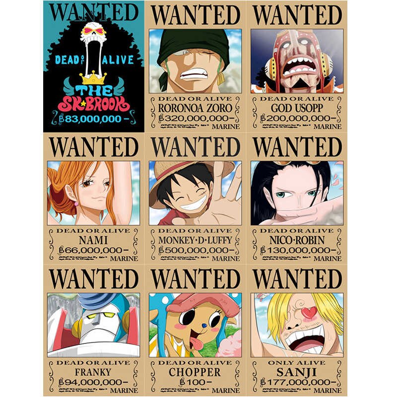 9piece Set One Piece Wanted Kraft Paper Poster Anime
