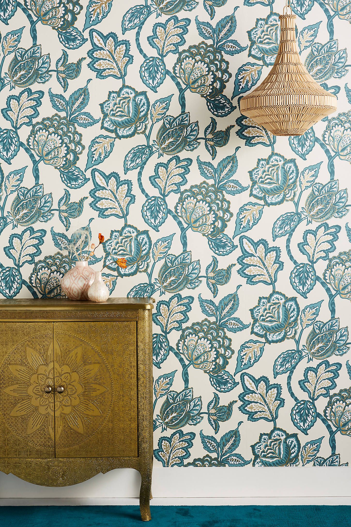 Navy Floral Wallpaper In Bedroom