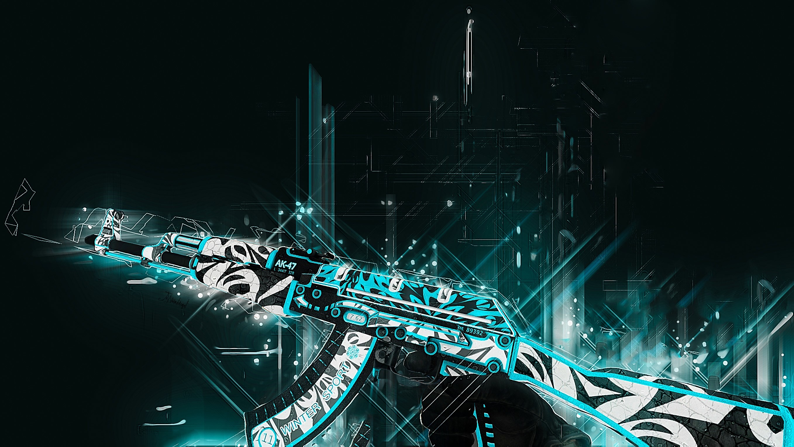 A futuristic, neon-blue accented AK-47 rifle, a popular weapon in CS:GO, displayed against a dark, abstract technological background