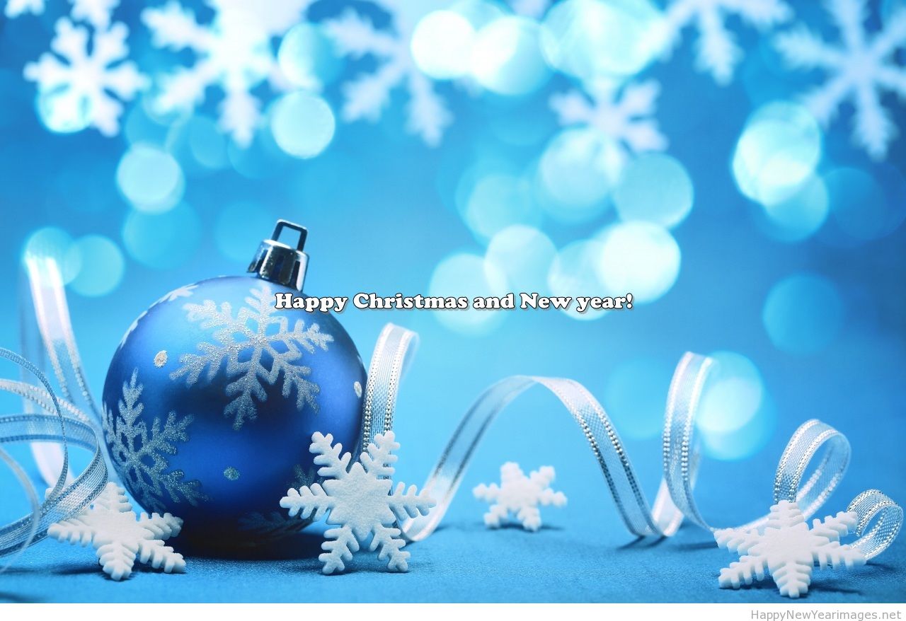 Blue Merry Christmas And Happy New Year Wallpaper With