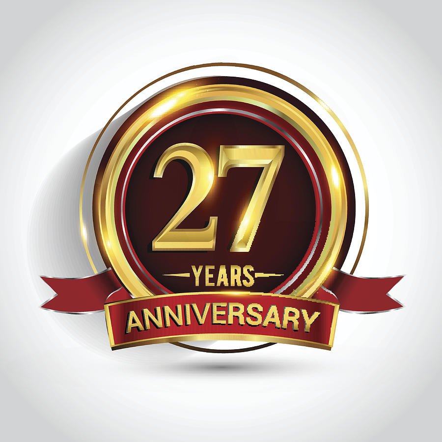27th Golden Anniversary Logo With Ring And Red Ribbon Isolated On